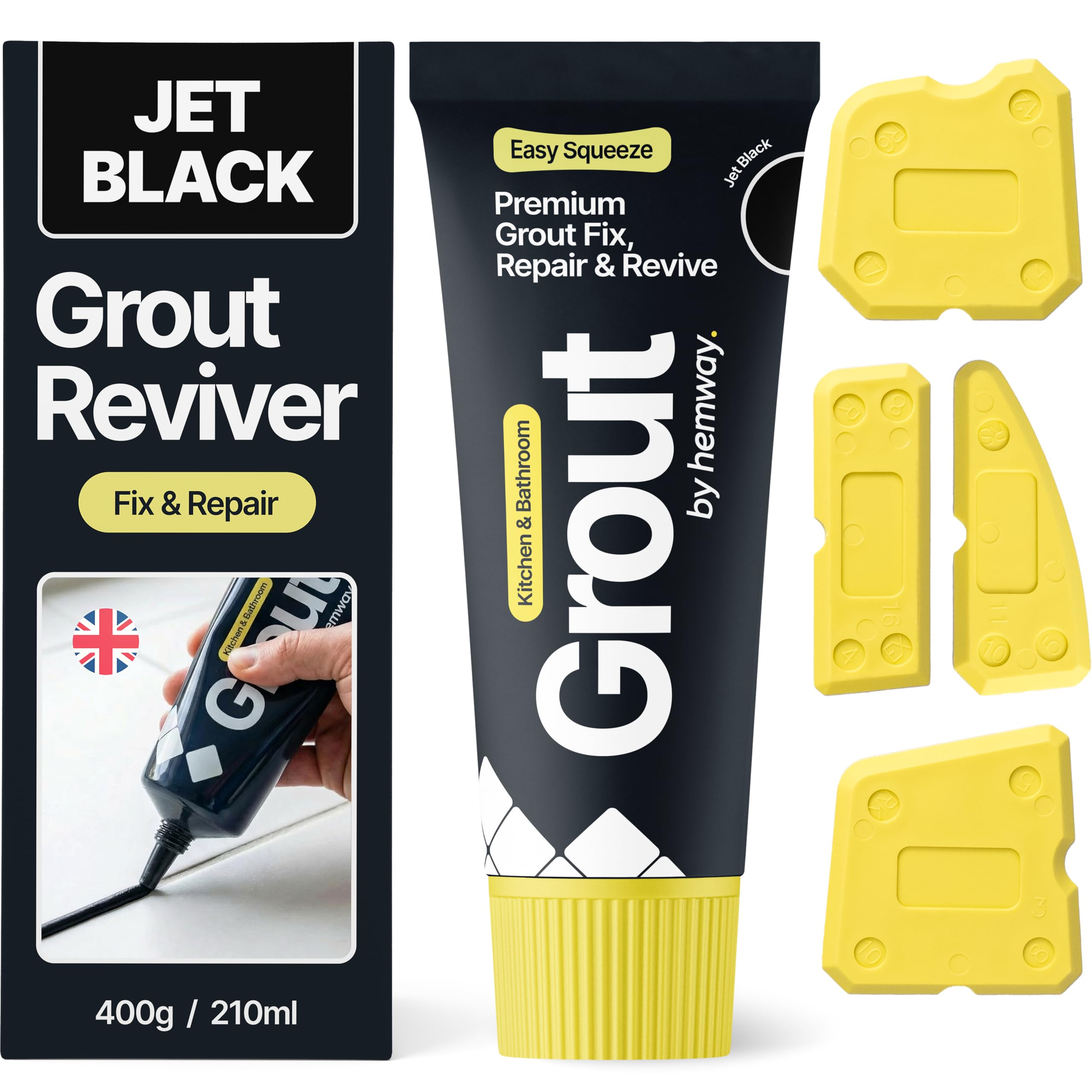 Hemway Jet Black Grout Reviver Kit | Ready Mixed Grout Repair 400g / 210ml with 4 Piece Profiling Tool Kit | Wall & Floor Tile Adhesive, Kitchen Bathroom Shower, Anti-Mould, Fast Drying