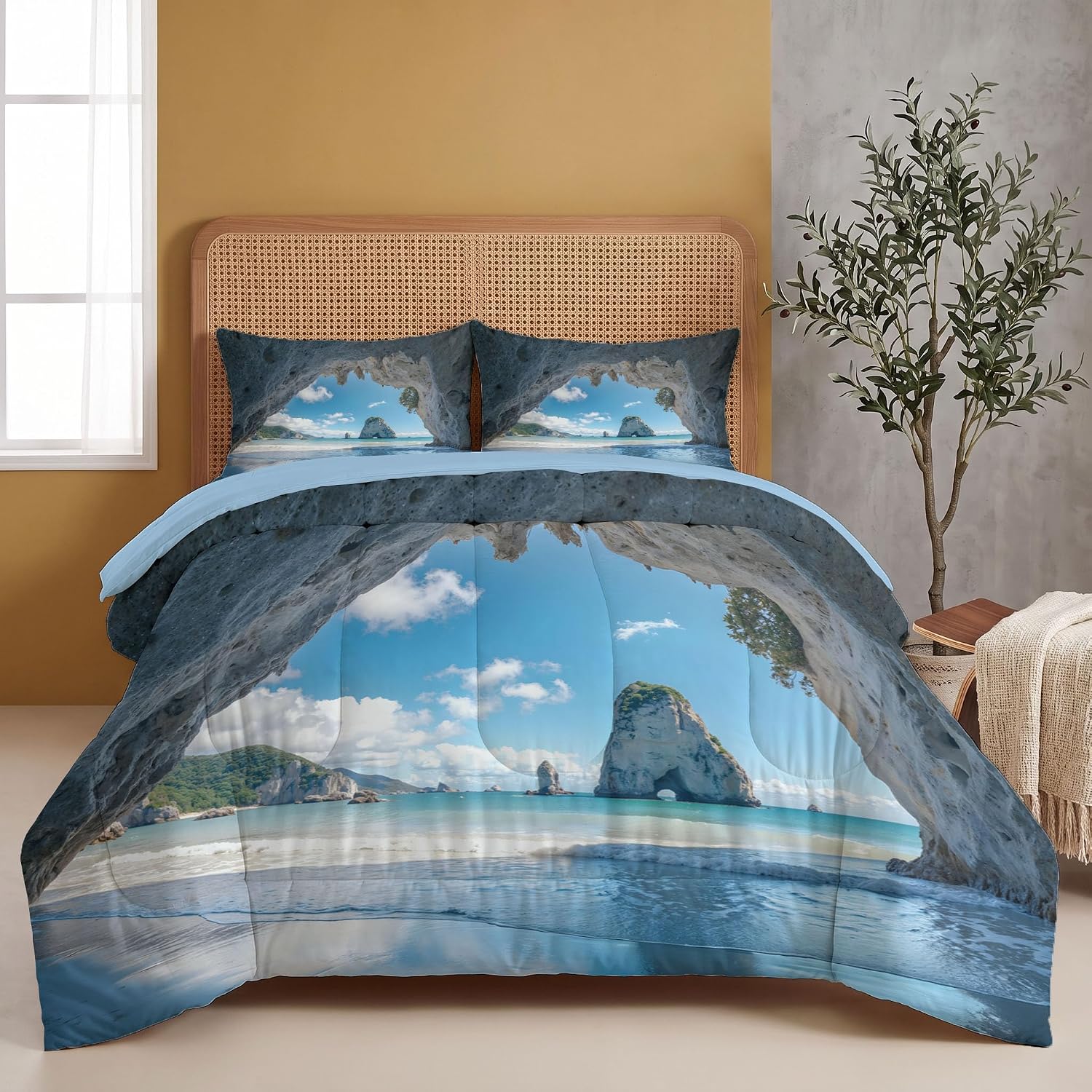 Natural Seascape Comforter Set King Size, New Zealand Cave Beach Bedding Set for Girls Boys, Light Blue Quilt Bed 104"X90" Bedding Comforter Sets with 2 Pillowcase Room Decor