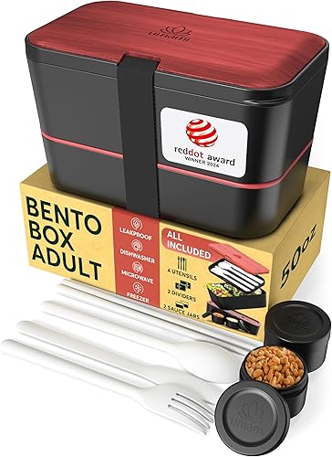 Miniatura 25 de Umami Bento Box - Caja todo en 1 para adultos con 4 utensilios, tarro de salsa grande, 2 divisores, 100% a prueba de fugas, apta para microondas y