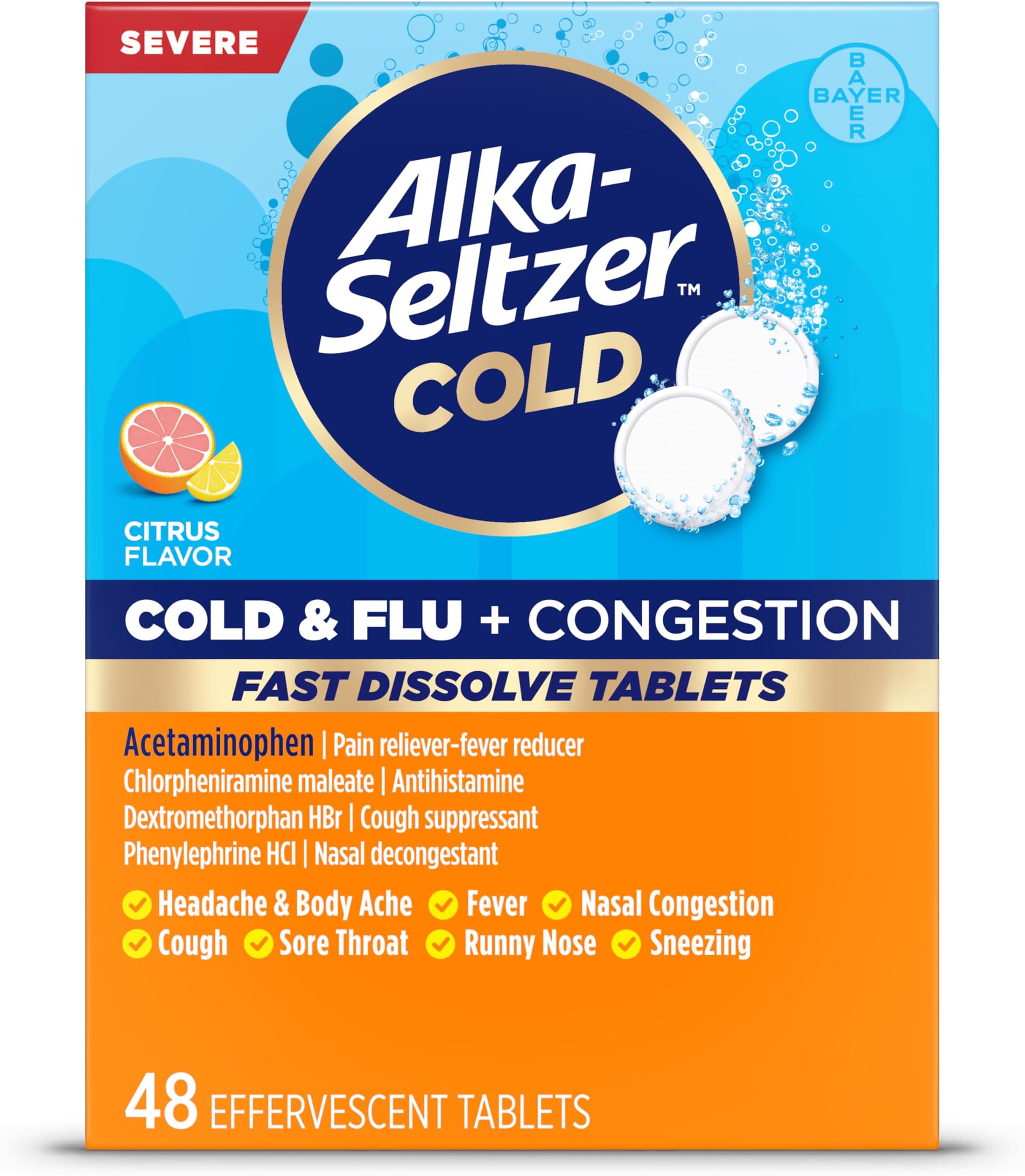 Severe, Cold & Flu Medicine, Citrus Effervescent Tablets, Nasal & Sinus Congestion, Sneezing, Runny Nose, Cough, Sore Throat, Fever, Headache and Body Aches & Pains, 48ct, Orange