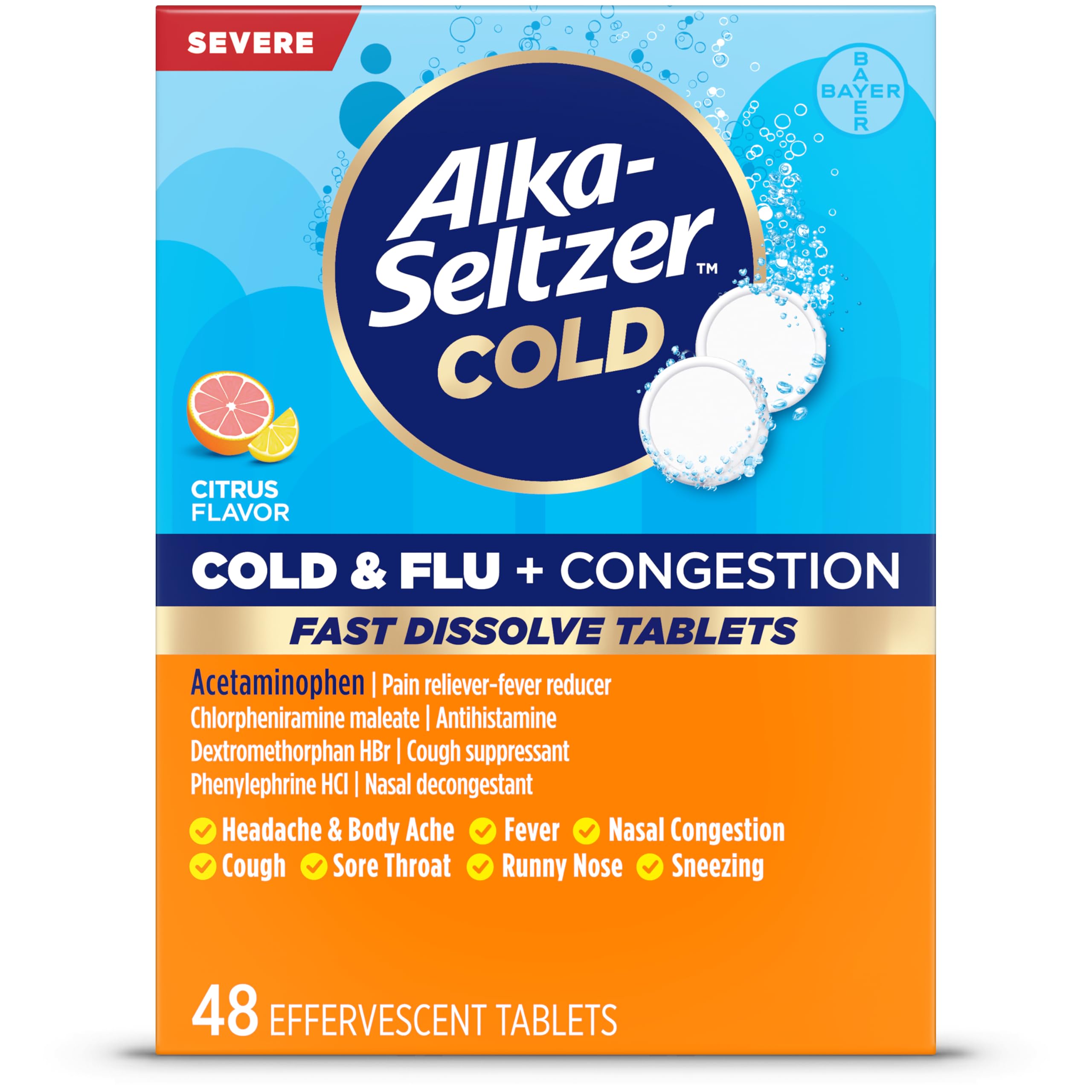 Alka-Seltzer Cold, Cold & Flu + Congestion Severe Fast Dissolve Tablets, Flu Medicine, Multi-Symptom Relief, Body Aches and Pains, Fever Reducer, Congestion Relief, Citrus Flavor, 24 Count — Amazon image 10