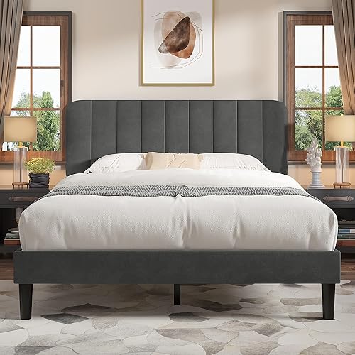 Miniatura 8 de VECELO Base de cama tapizada de tamaño matrimonial con 4 cajones y cabecero, plataforma de terciopelo, soporte de listones de madera, no necesita
