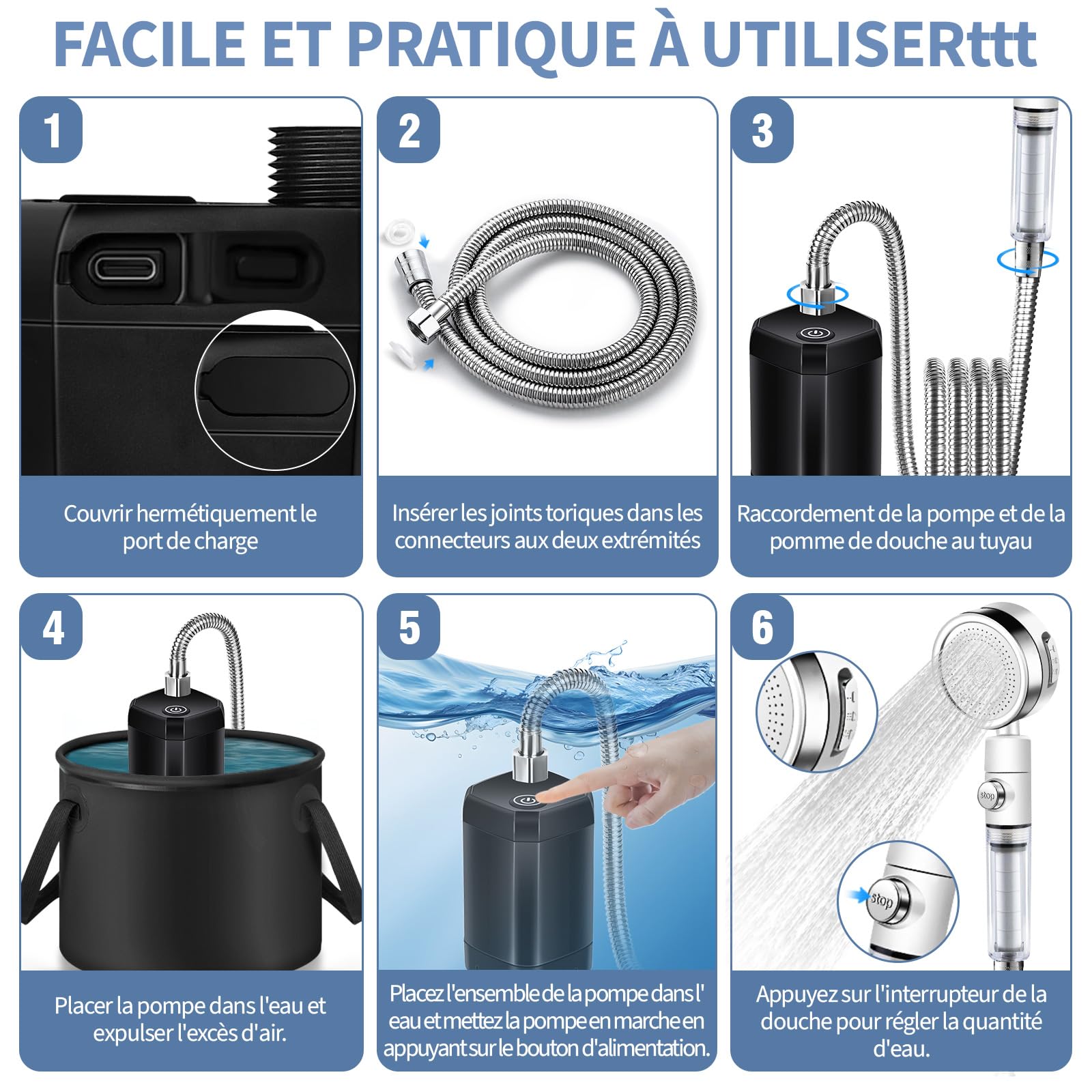 YOOHBERRYS Douche Camping avec Filtrante, 6000mAh Pompe de Douche Électrique Rechargeable avec 4 Cartouche Filtrante, Affichage Intelligent de la Température 20L Seaupour Camping Randonnée Animaux