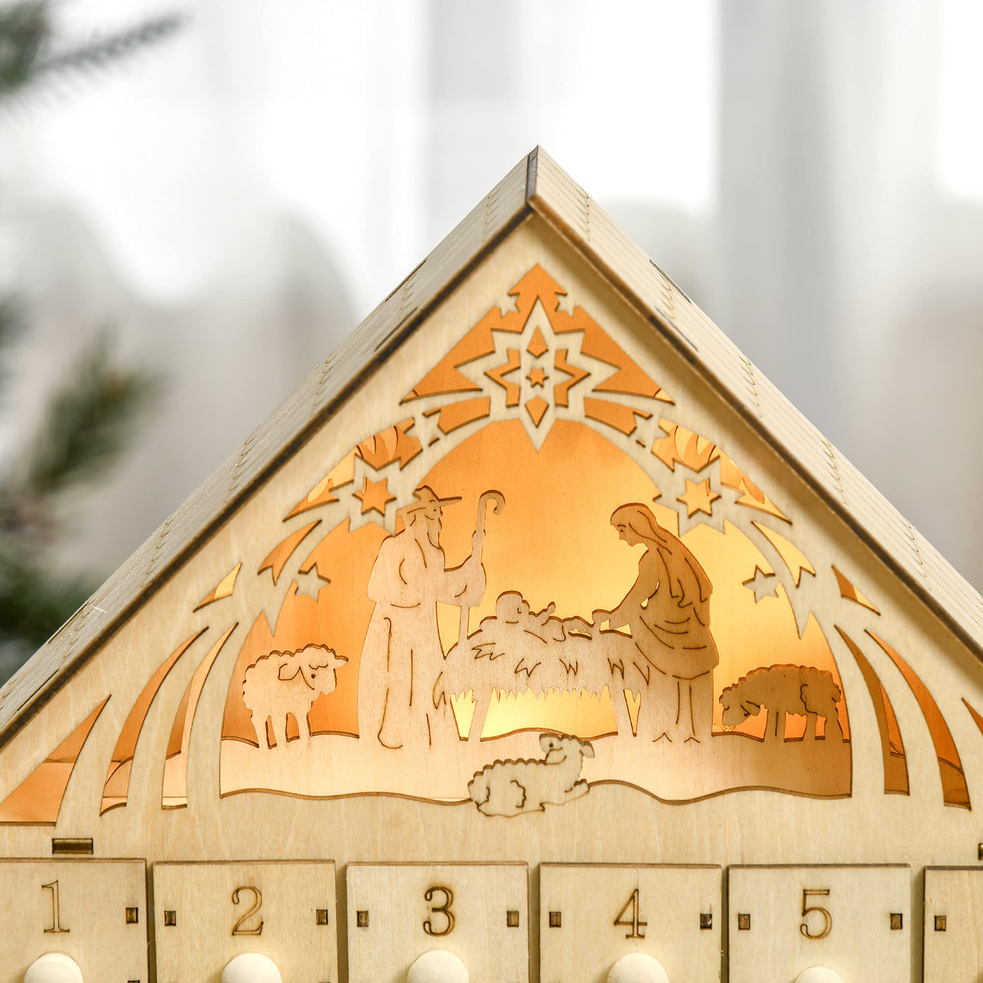 HOMCOM Calendario de Adviento Madera con Luces 24 Cajas Navidad 26,6x6x30 cm Natural