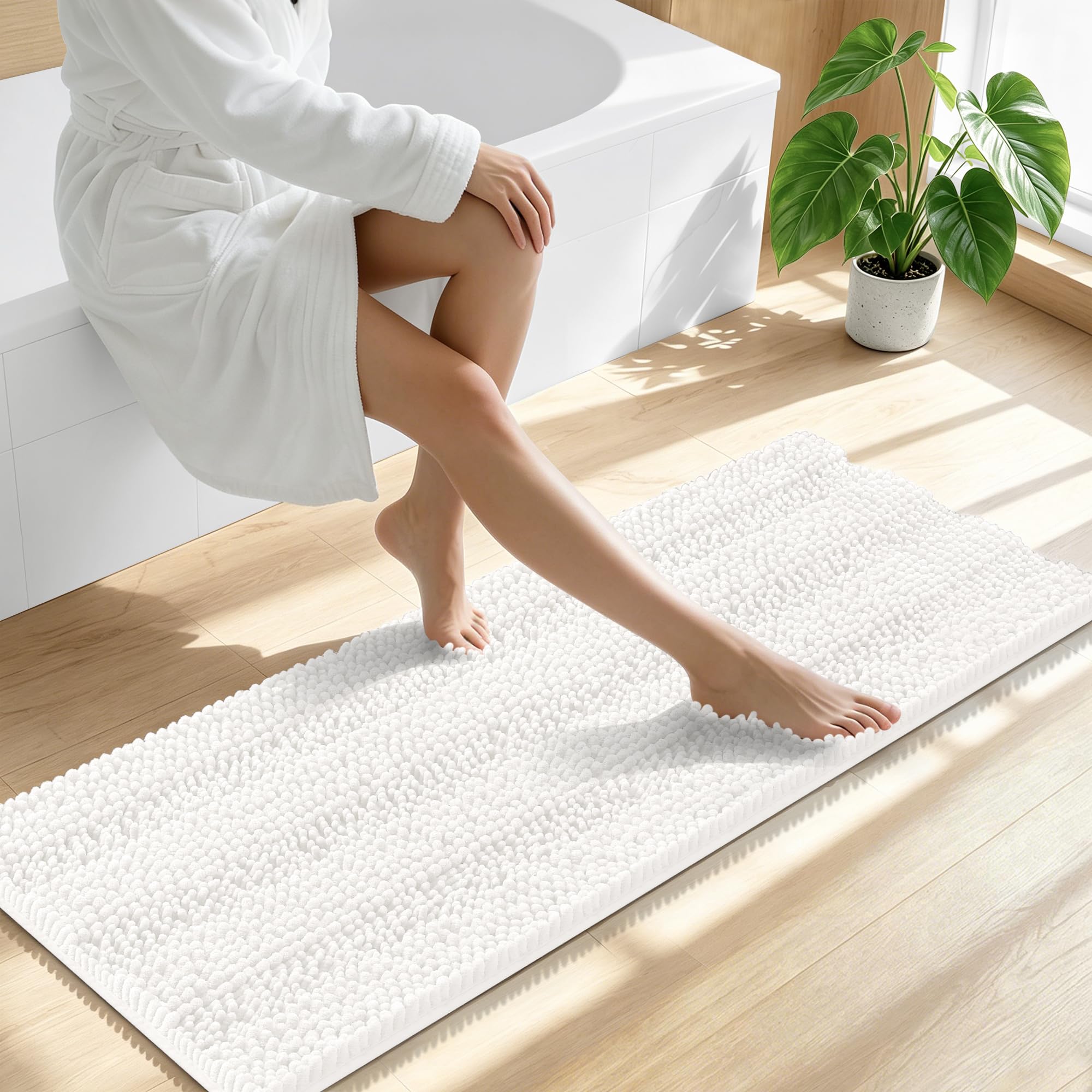Smiry Thick Chenille Bathroom Runner Rugs 47x17, Absorbent Bath Mat, Ivory