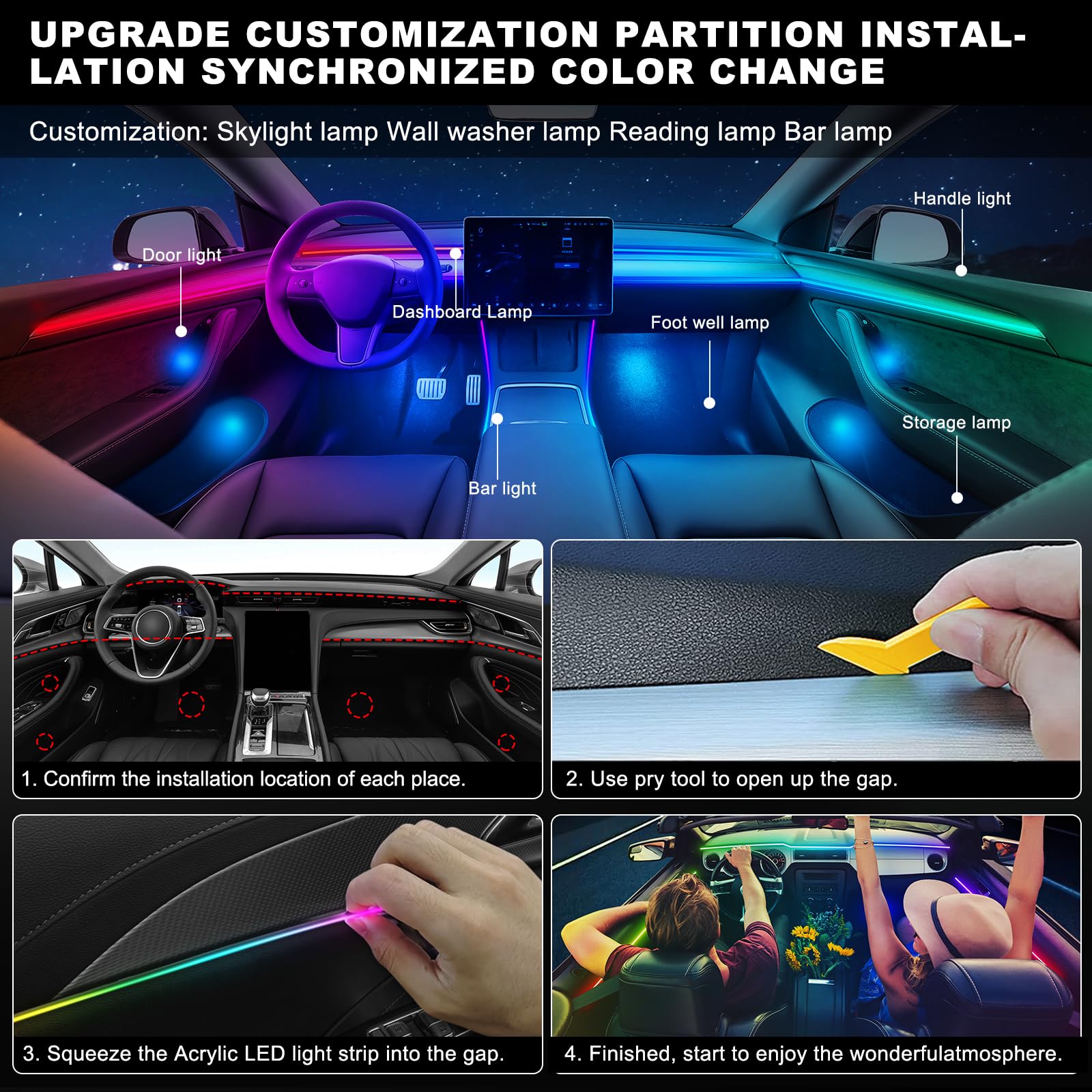 Acryl-Innenbeleuchtung für das Auto, LED-Streifen, RGB 18 in 1 mit 444,5 cm 593 LEDs, Glasfaser-Streifenlichter für Auto, dynamische Jagd-Musik, Synchronisation, Neon-Auto-Umgebungsbeleuchtungs-Kits
