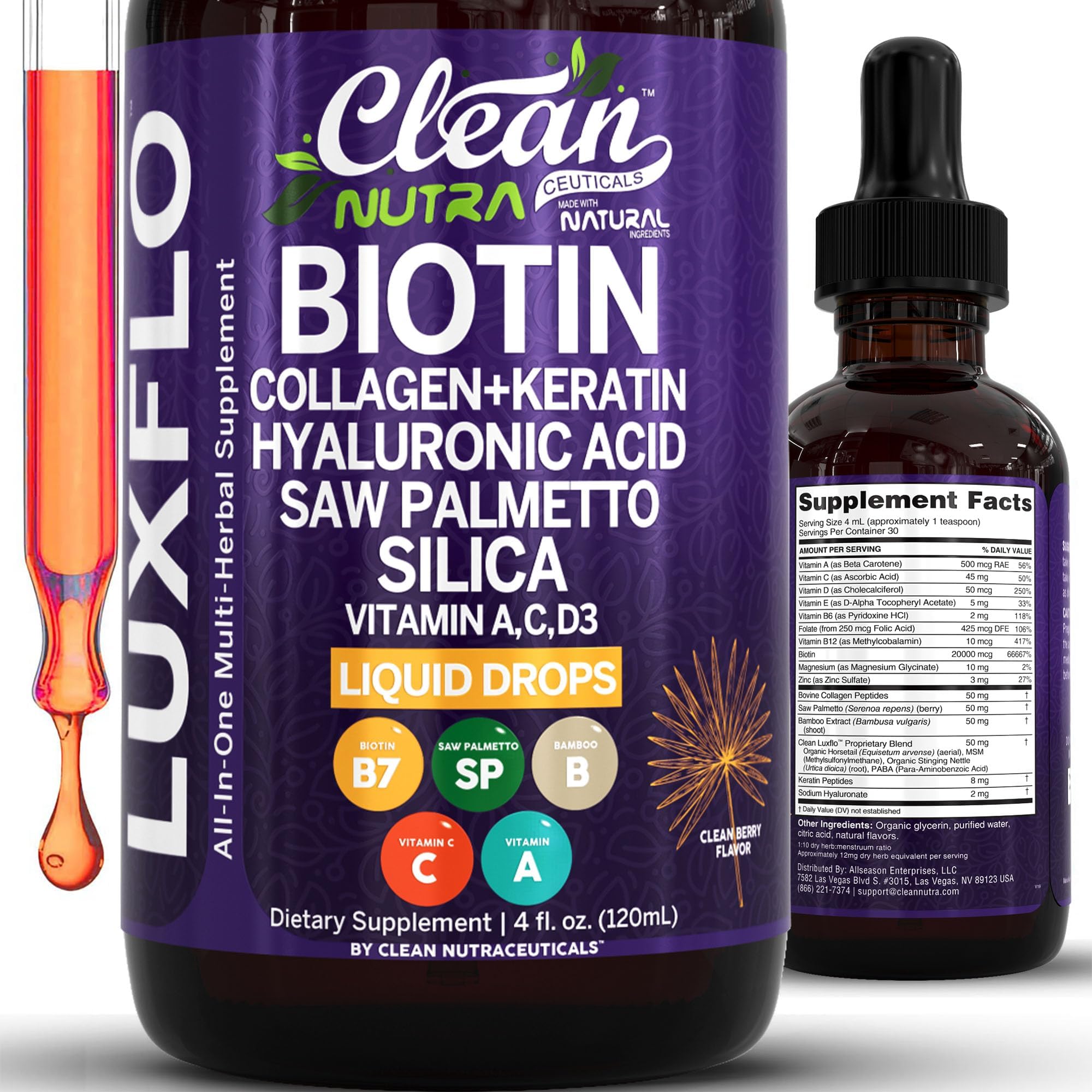 Liquid Biotin & Collagen Keratin Hyaluronic Acid Saw Palmetto Drops Vitamins for Hair Growth Support Silica Vitamin A C D Bamboo Turmeric Zinc Folate Magnesium Horsetail LuxFlo By Clean Nutra
