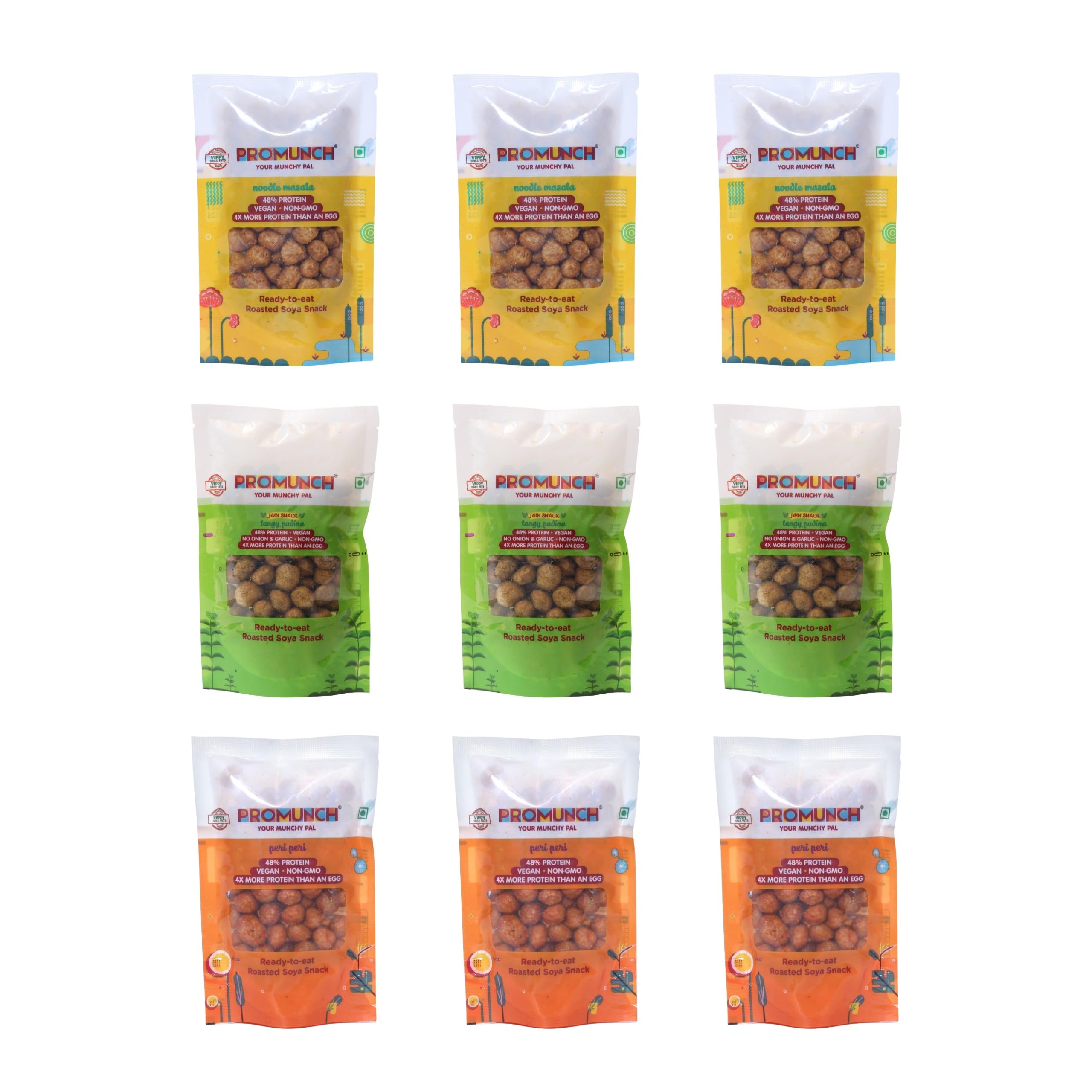 PROMUNCH Roasted Soya Snack | High-Protein | Healthy | Gluten-Free (Tangy Pudina-3,Peri Peri-3,Noodle Masala-3) 30 gm Each (B0CGDYWZ9P) Amazon Price History, Amazon Price Tracker