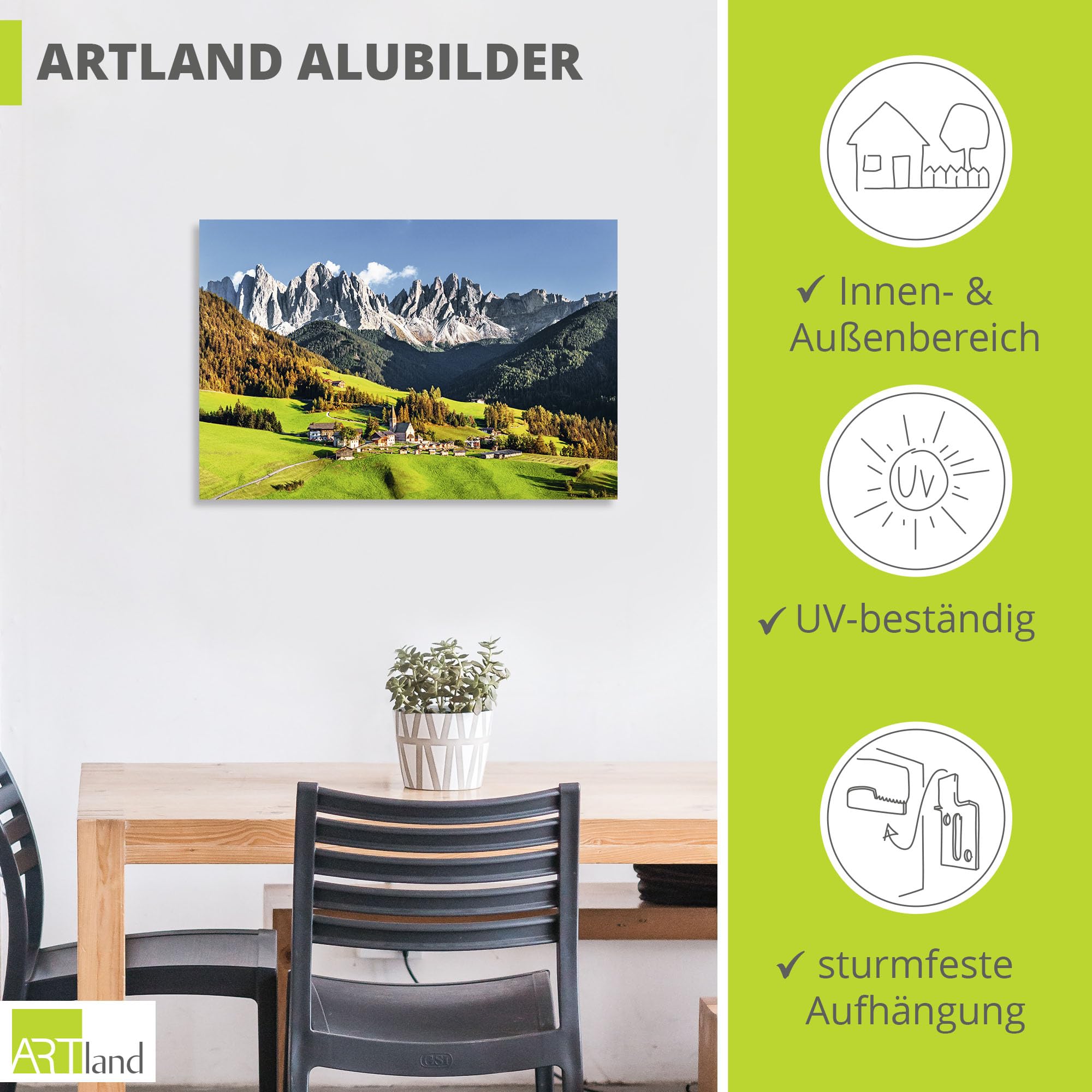 ARTland Wanddeko Wandbild Alu Verbundplatte für Innen & Outdoor Bild 120x80 cm Alpen Berge Landschaft Italien Berge Gebirge Urlaub Santa Maddalena U1TF