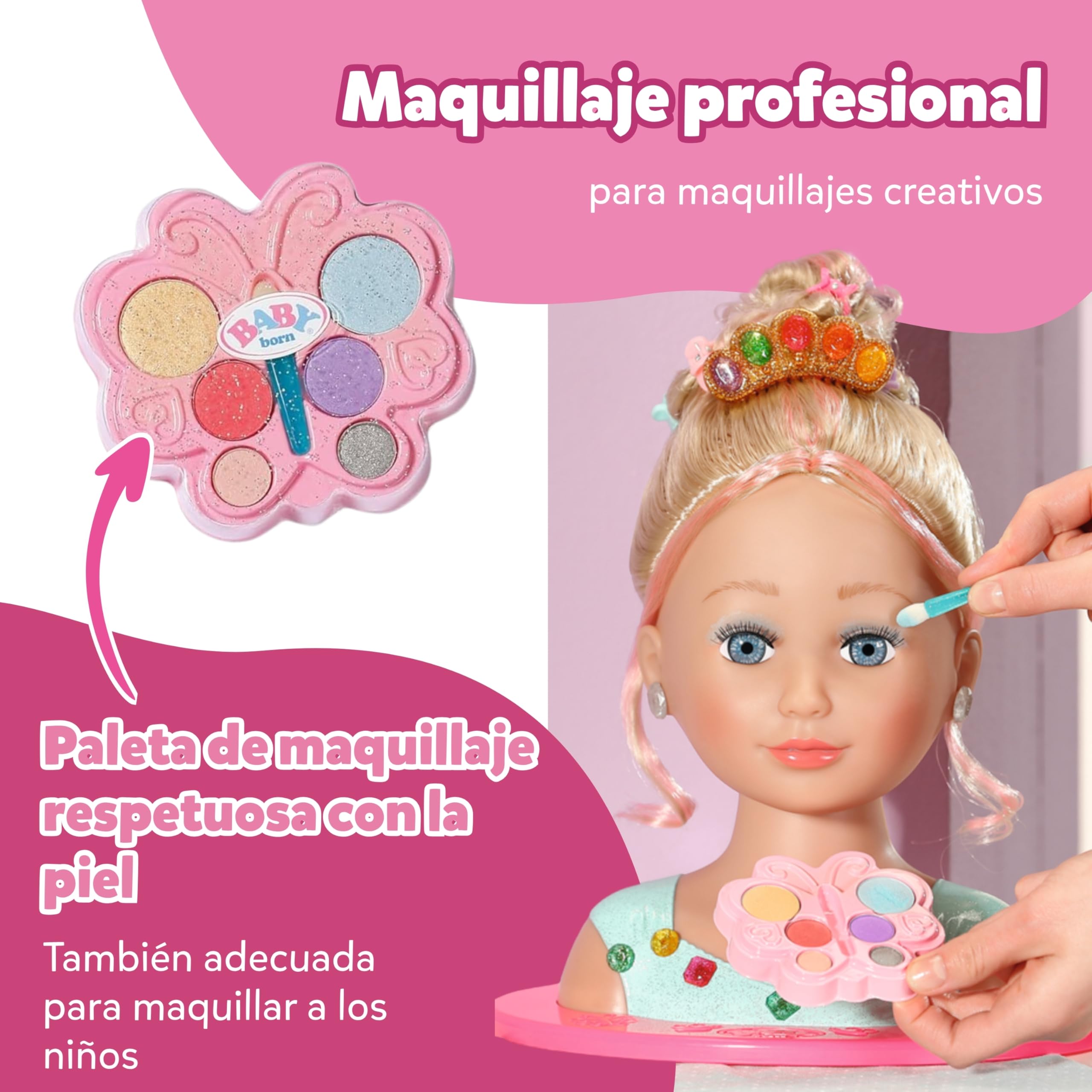 Baby born Cabeza de Peinado Princesa con Accesorios | Paleta de maquillaje, cepillo y accesorios de peinado, pelo largo