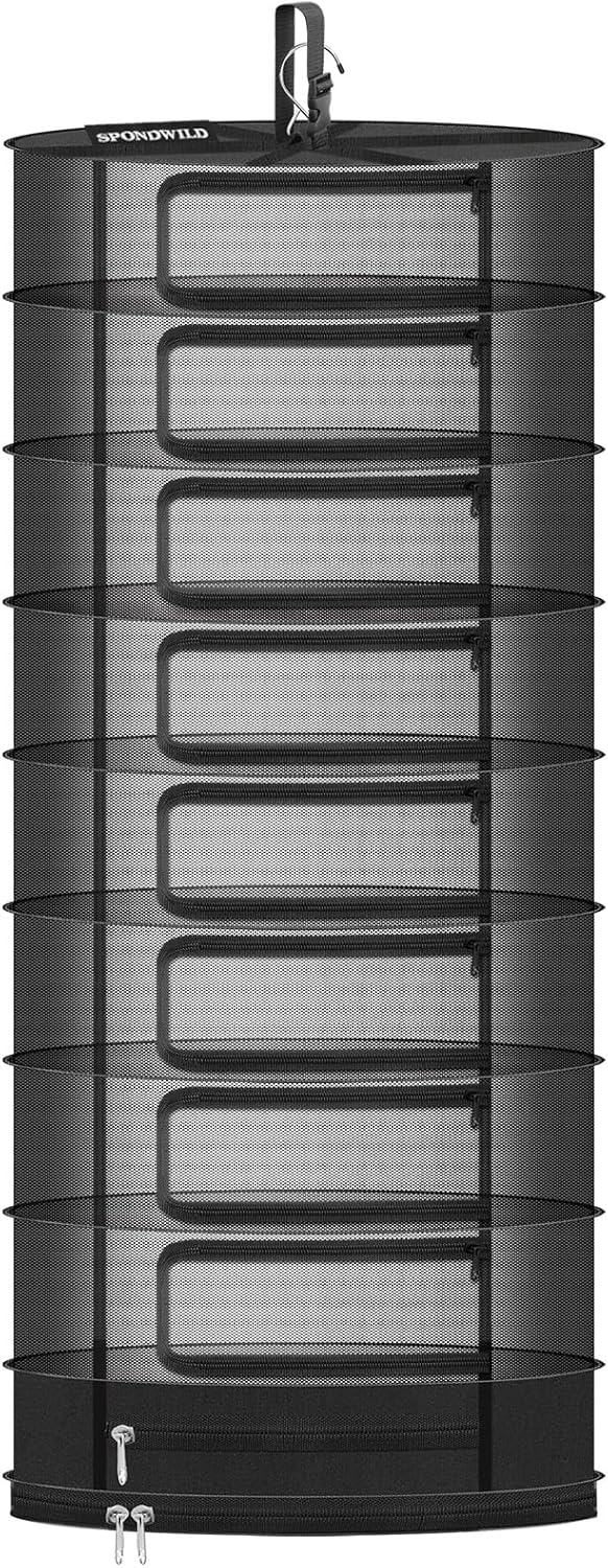 Herb Drying Rack Hanging Mesh, Large 9 Layer Plant Drying Rack with Door Type Zipper & Closed Storage Compartment for Folding Basket Dryer Fiting in Grow Tents, Garden Outdoor