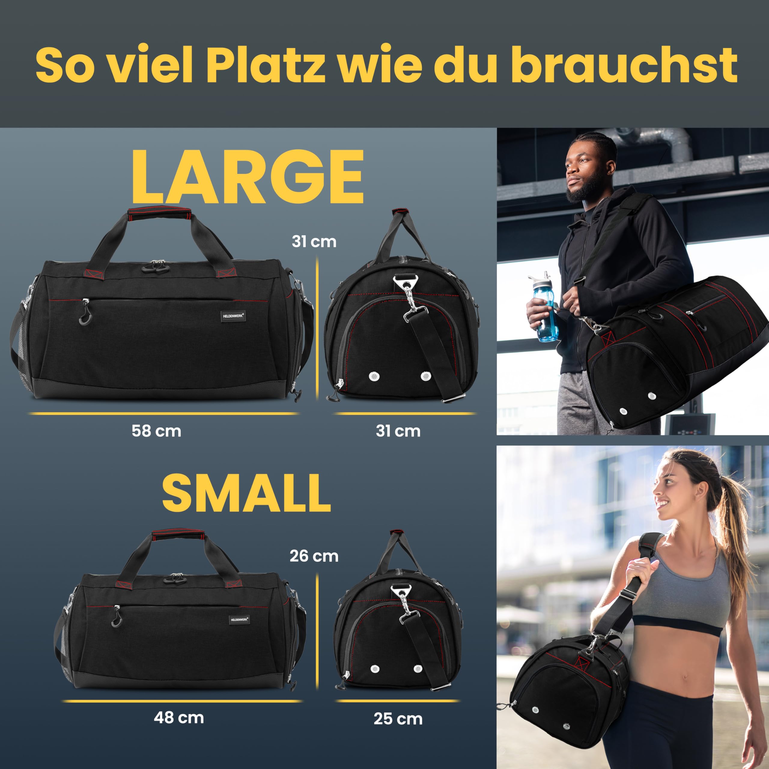 Heldenwerk® Sac de sport avec compartiment pour chaussures et compartiment pour vêtements mouillés | Sac d'entraînement pour homme et femme | Idéal comme sac de voyage, sac de fitness, sac