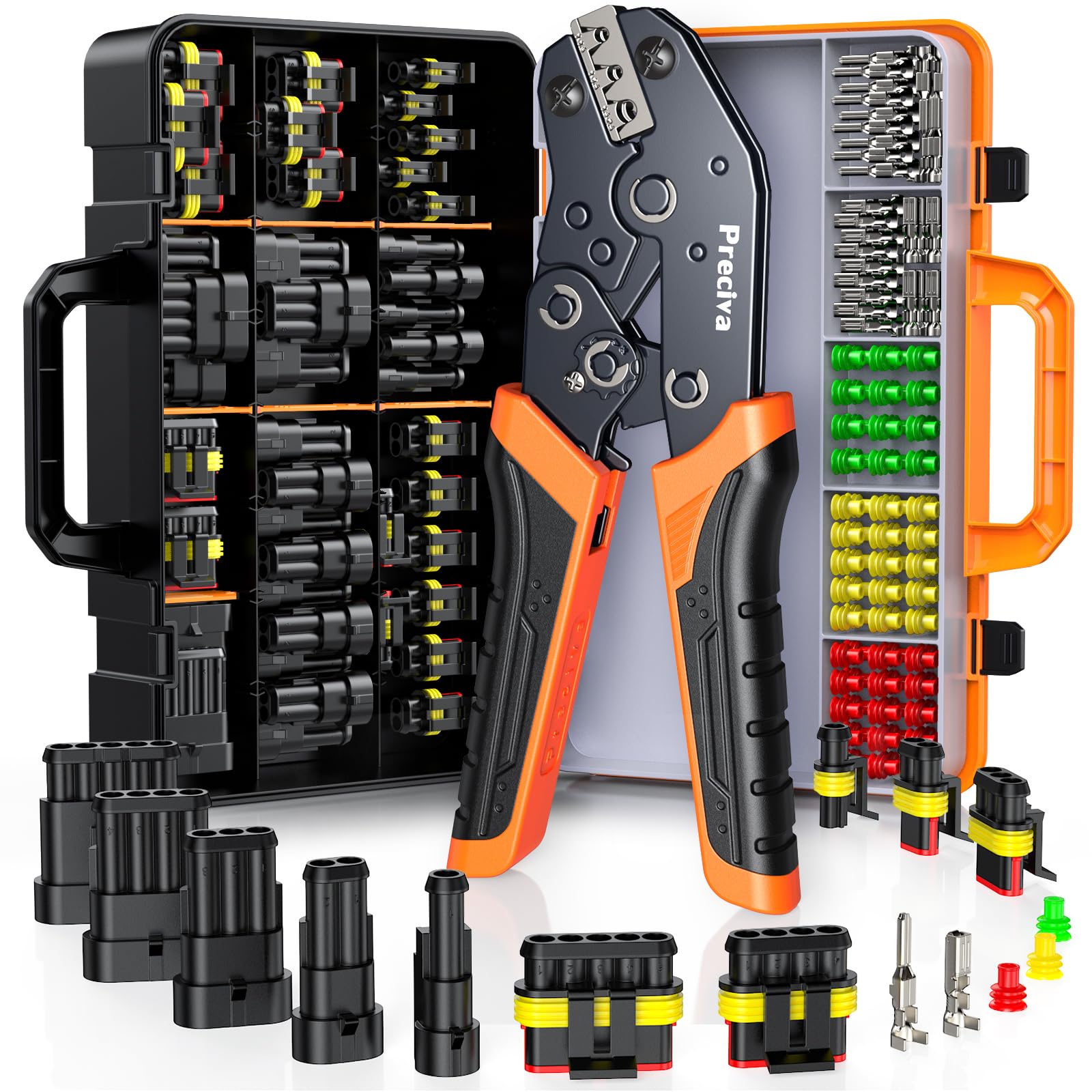 Ratchet Crimping Tool Kit with Crimper,18–14 AWG Wire Crimper, IP67 Waterproof Automotive Electrical Connectors 1/2/3/4/5 Pin &amp; Terminal Removal Tools for Motorcycle, Marine, Boat