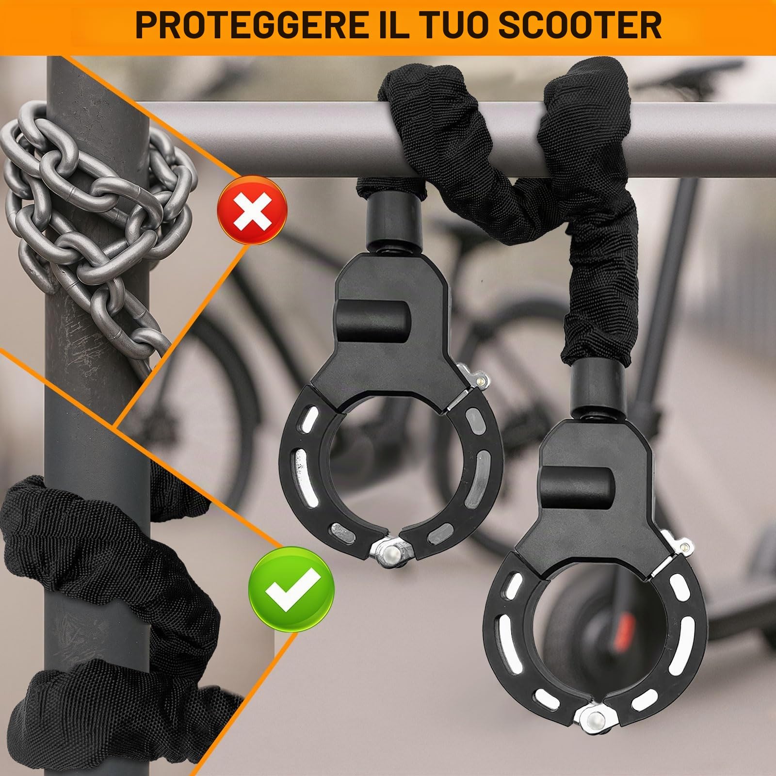 Serratura per Monopattino Elettrico 90cm - Catenaccio a Manette con Chiave & Guarnizione Gomma Antigraffio, Alta Sicurezza per Bici/Passeggini (Blocco Tipo A, Resistente a Trapano)