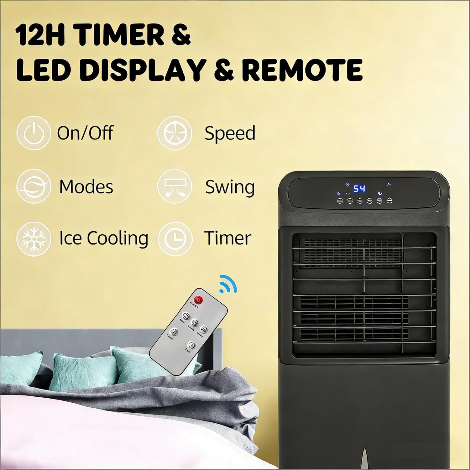 3-in-1 Portable Evaporative Air Cooler with Ice Cooling, Humidifier and Fan, 12H Timer, Remote Control, LED Display, 3.2 Gallon Water Tank, Black, 80W