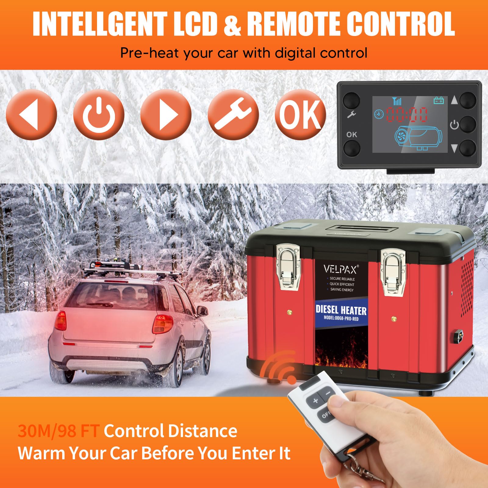 VELPAX Riscaldatore d'Aria Diesel all-in-One 8KW 12V riscaldatore d'Aria Diesel con silenziatore, LCD e Telecomando per Camper,Macchine,Camion,Barche,Autobus