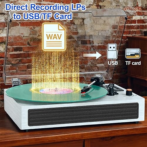 Miniatura 5 de Tocadiscos de vinilo Bluetooth, tocadiscos retro de 3 velocidades con altavoces integrados, grabación USB, parada automática AUX, reproductor LP de