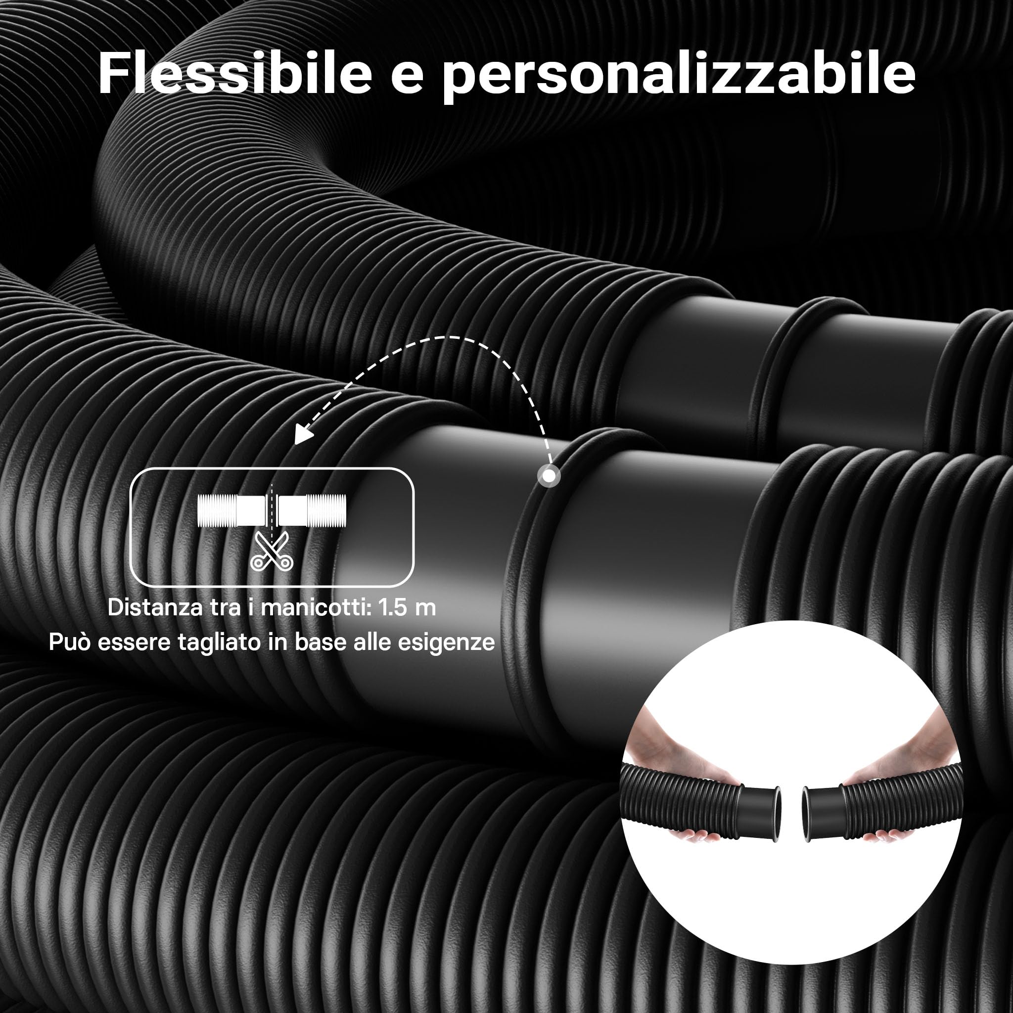 Wiltec Tubo per piscina nero, 30m Ø 38 mm, sezionabile ogni 1,5 m, galleggiante, in resina 190 g/m Made in EU