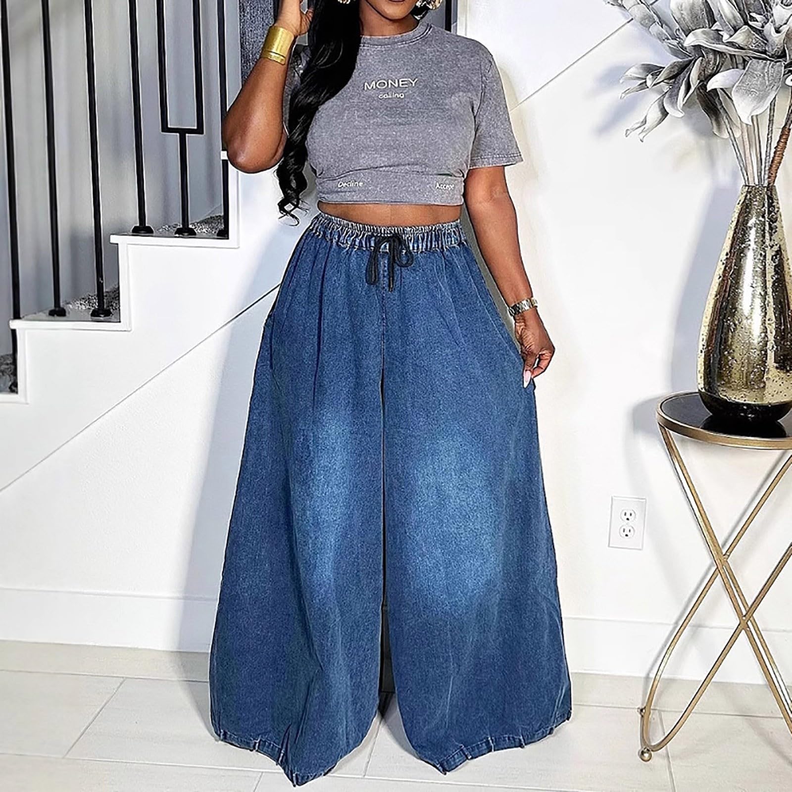 Damen Jeans Mit Gummizug Bund - Marlenehose Damen Elegant Große Größen | Elastische Mit Kordelzug Jeanshosen High Waist Stretch Denimhose Oversize Jeanshose Straight Palazzohose Streetwear