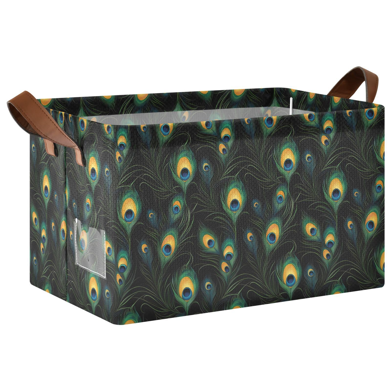Panier de rangement étanche Mnsruu plumes de paon noir et vert pour étagère de chambre