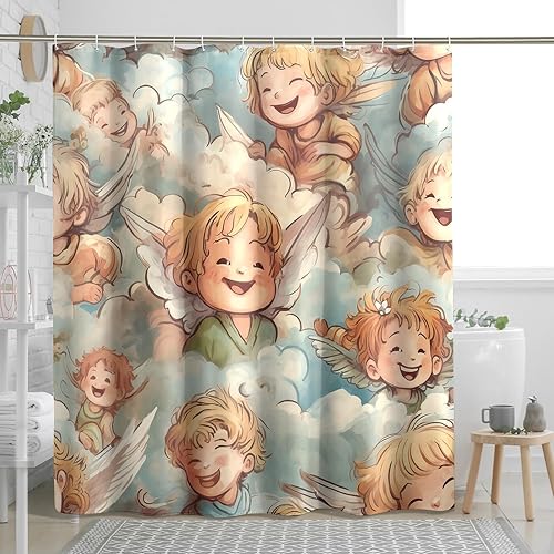 Cortina de ducha de ángel, estilo vintage, romántico, renacentista, lindo juego de baño, tela lavable a máquina, cortina de ducha con diseño de