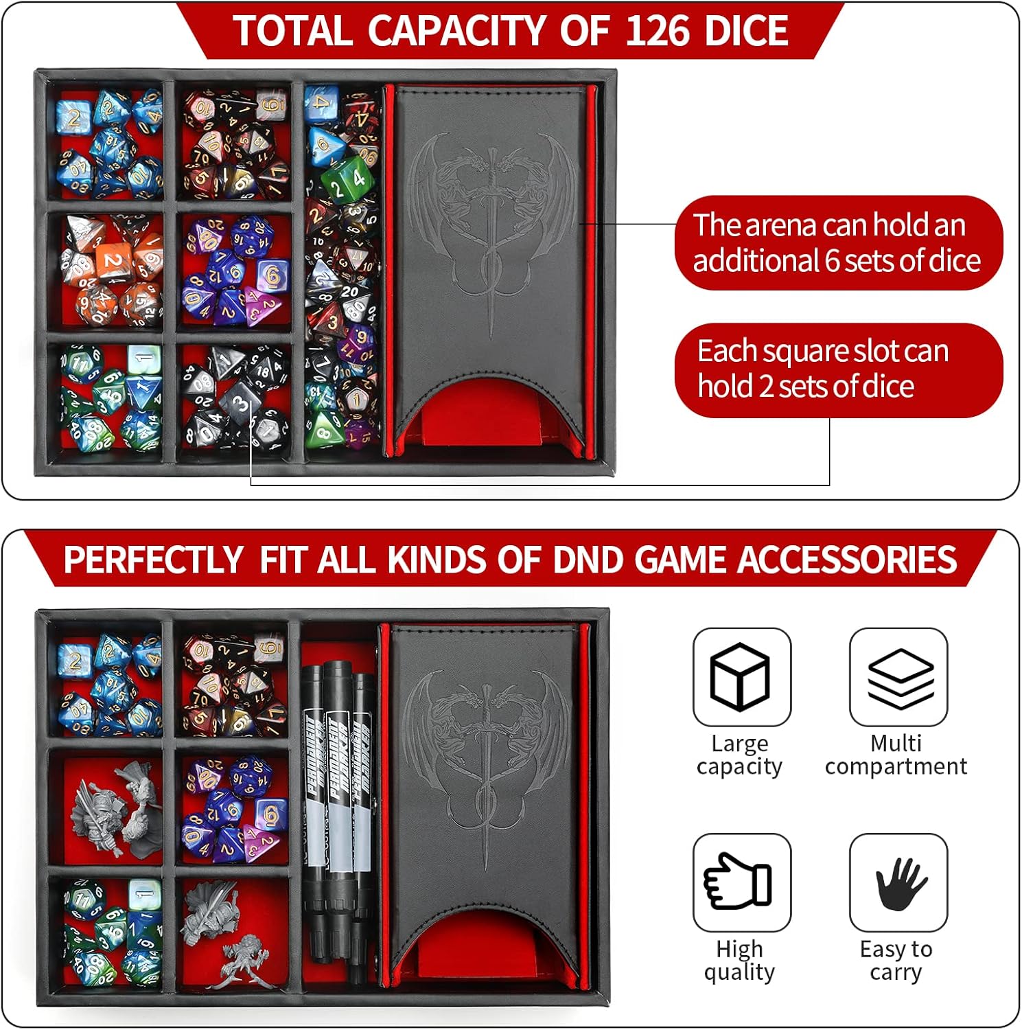 Grajar DND Dice Tray and Tower: Portable Dice Storage with Lid for Dungeons and Dragons, D&D, RPG, MTG & Table Games (Red)
