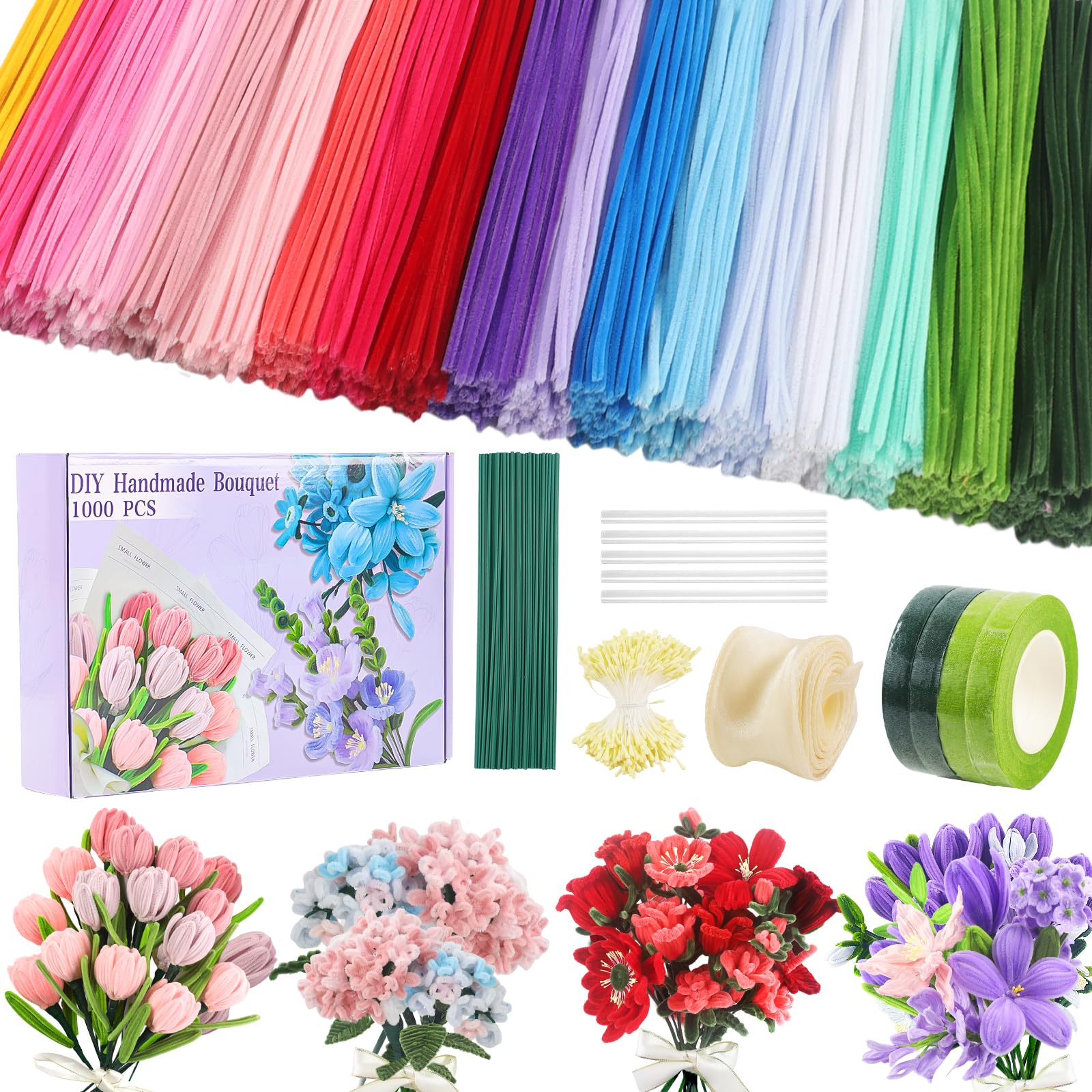 Pfeifenputzer Set 1000 Stück 18 Farben Blumenstrauß DIY Basteln Geschenke Dekorieren