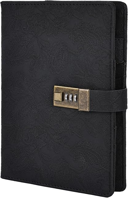 Vintage 6 Rings Binder Journal Notebook with Lock, A5 Hardcover Flower Secret Password Diary, Refillable Ruled Writing Paper for Women (Black)