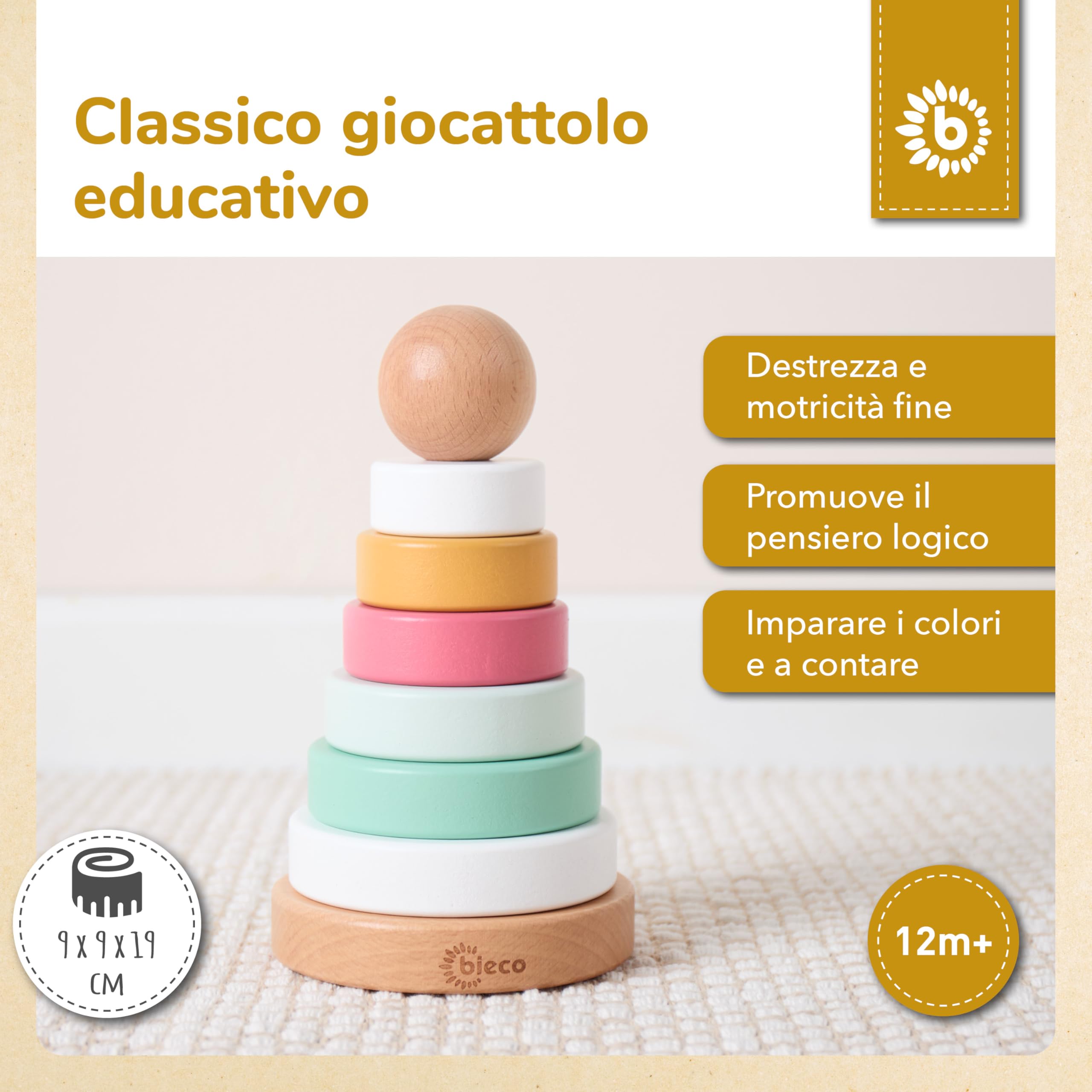 BIECO Torre impilabile Baby Berry | Legno sostenibile FSC® | 19 cm | Gioco a incastro da 1 anno di anelli impilabili in legno per bambini