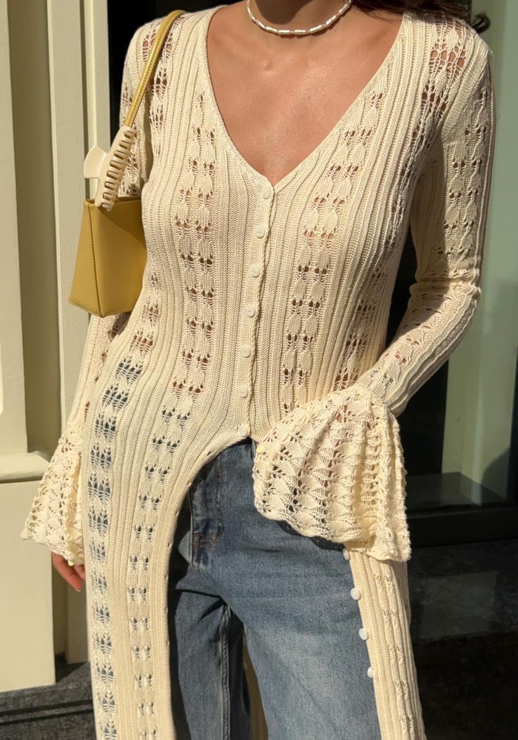 NRTHYE Women Long Crochet Cardigans Button up Knit Hollow Out Elegant Duster Sweaters Cover Up Maxi Dress - Image 6