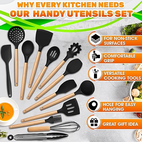 Miniatura 9 de Juego de 14 utensilios de cocina de silicona negra con soporte, utensilios de cocina versátiles con asas de madera resistentes, juego de utensilios