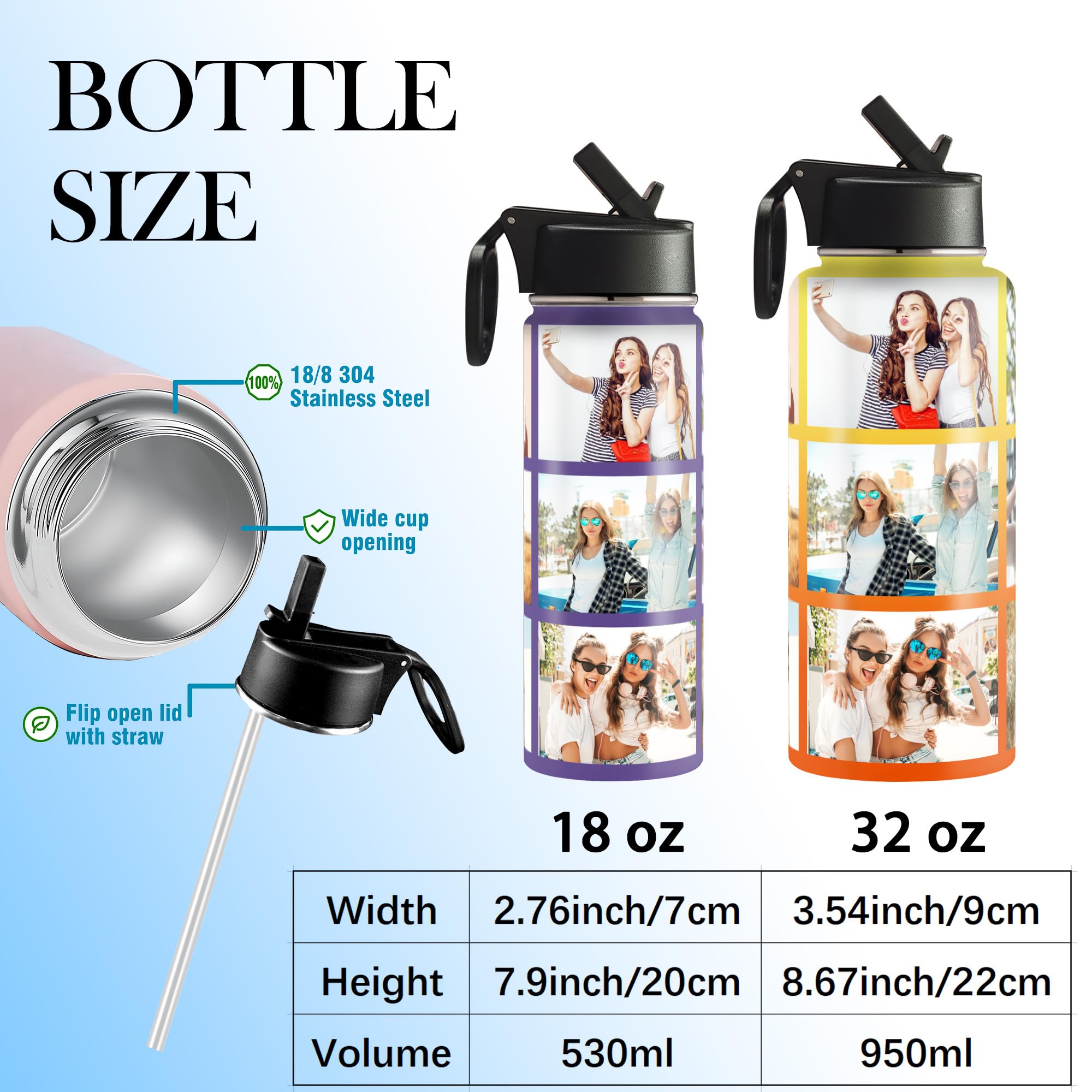 Personalized Insulated Stainless Steel Sports 18/32oz Water Bottle Custom Print Engraved Keeps Cold 24 Hrs Classic Thermal Flasks Easy Carry