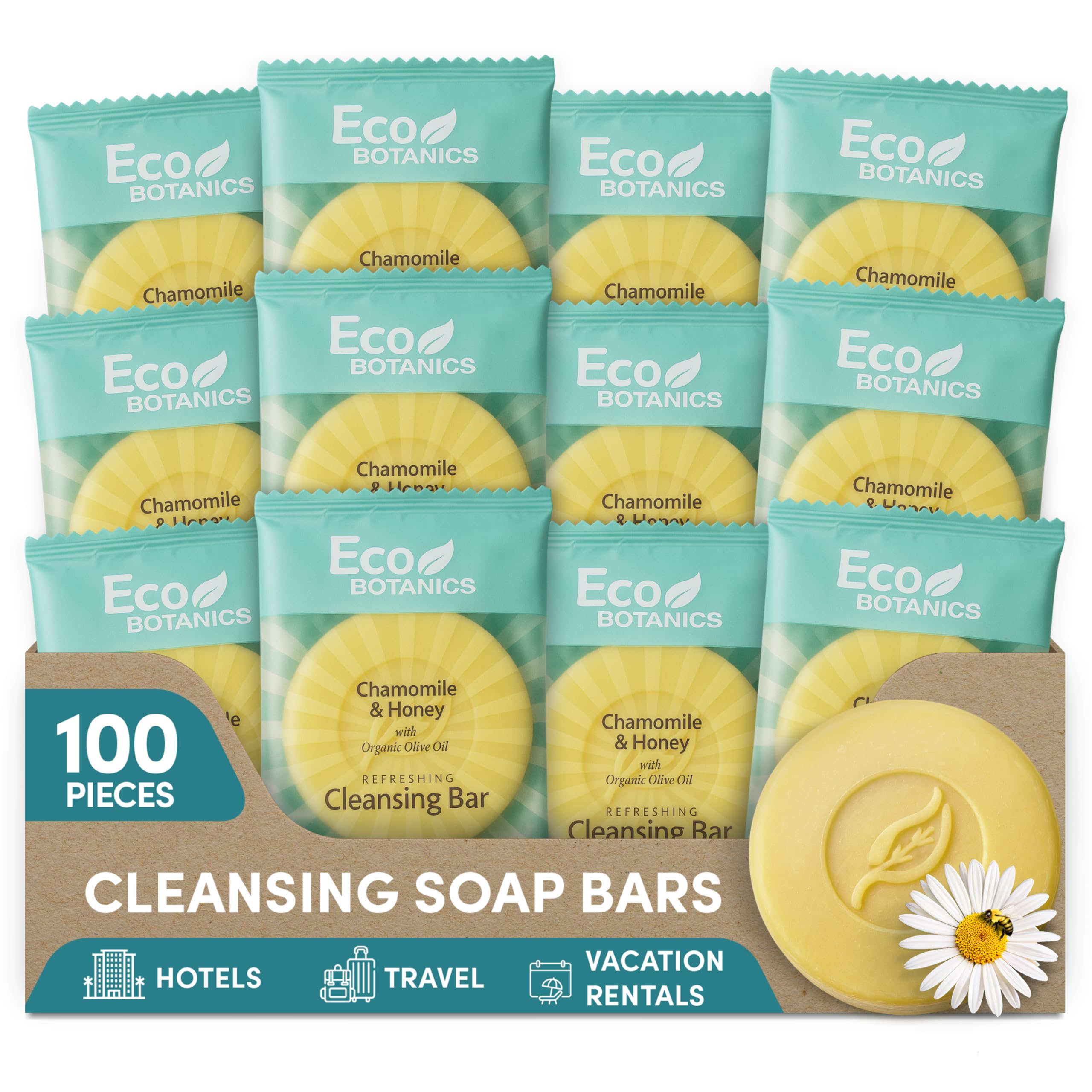 Eco Botanics Travel-Size Cleansing Bars | Individually Wrapped Single‑Use Hospitality & Hotel Amenities 0.5 oz | Case of 100 Thin Mini Soap Bars