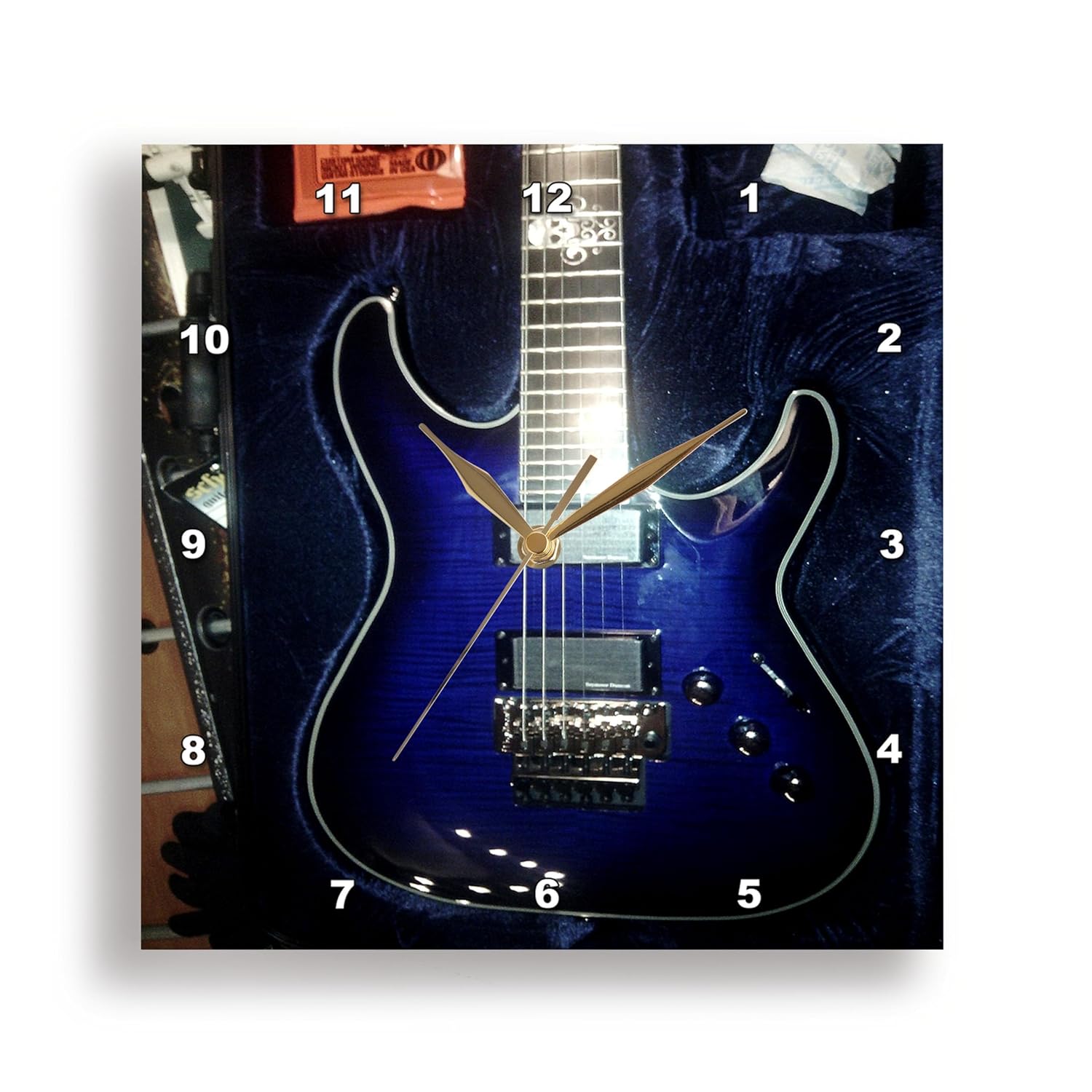 Wall Clock Silent - 13 inch - Print of Blue Electric Guitar with Chrome Skull - Music