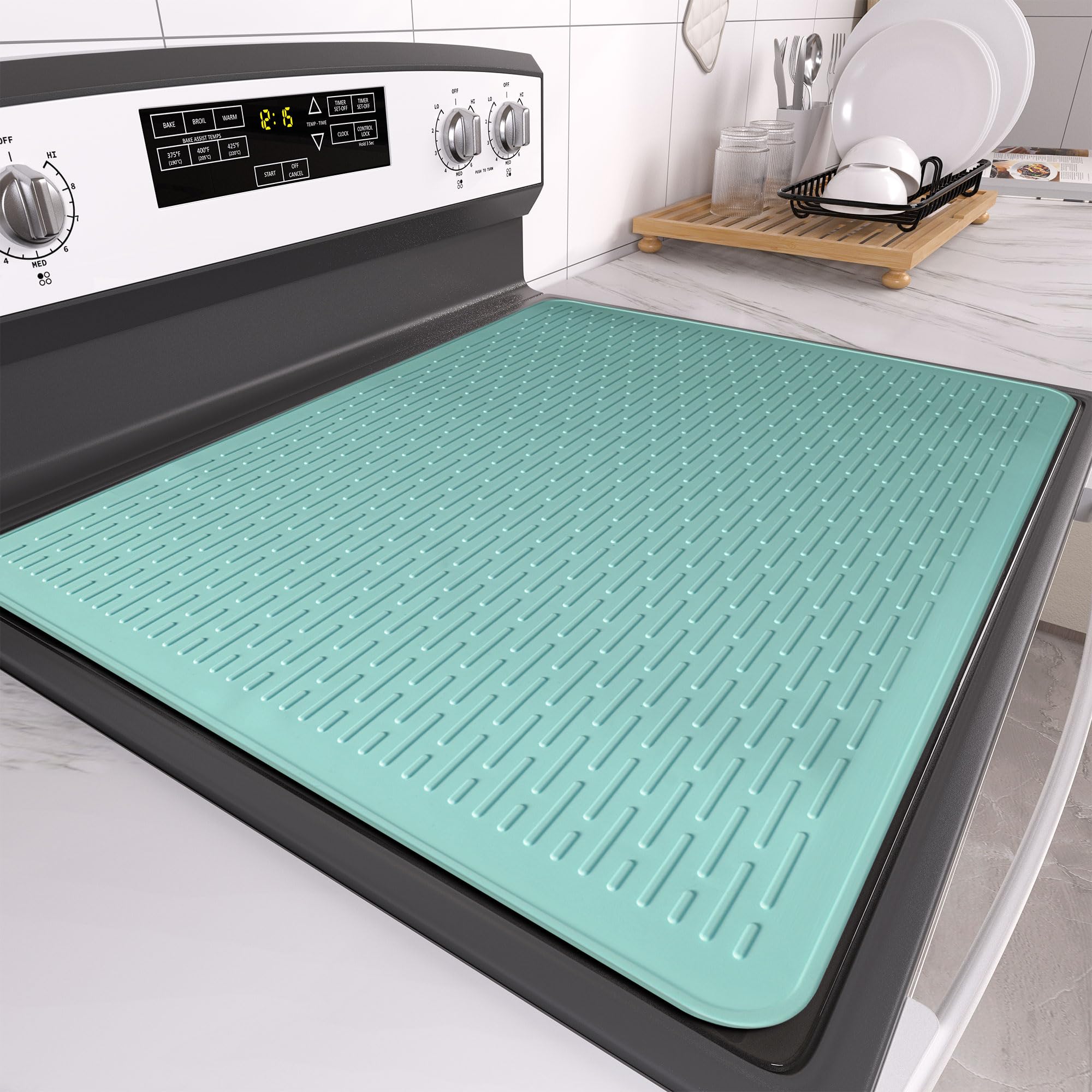 Stove Top Cover for Electric Stove- Range Covers for Electric Stove,Silicone XXL Dish Drying Mat, Glass Cooktop Covers, Flat RV Range top Mats (Aqua Thickened, 30"x21")