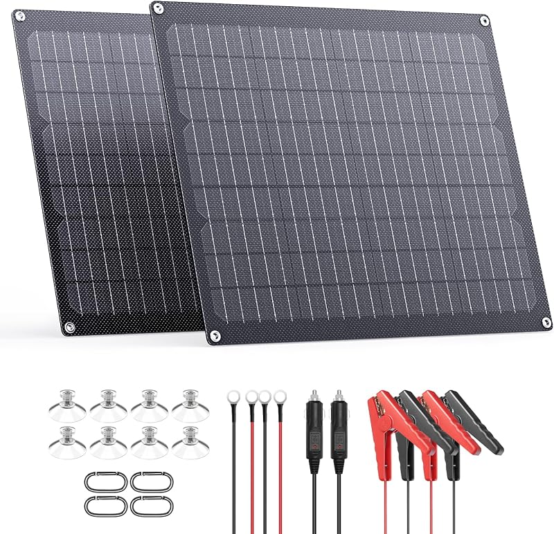 Cargador de batería solar de 40 W y 12 V, 2 mantenedores de batería solar de 20 W | Controlador de carga inteligente, 7 protecciones de seguridad inteligentes, cargador de goteo impermeable IP68 para auto, barco, remolque marino RV