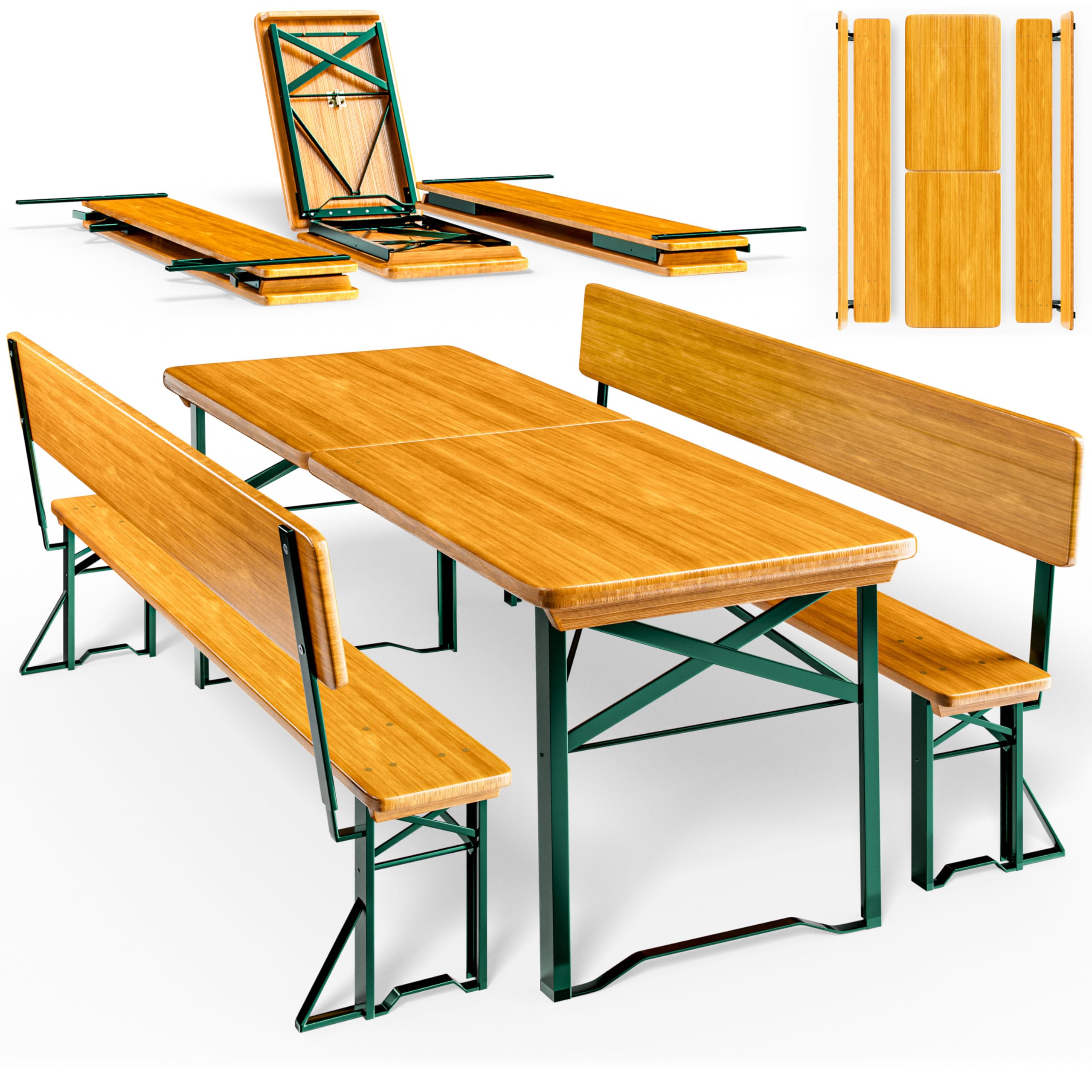 CASARIAยฎ Folding Garden Picnic Table & Bench Set, 170cm Beer Tent Table with Removable Backrests, Foldable, Stable Wood And Metal Trestle, Outdoor Patio BBQ Camping Dining Furniture
