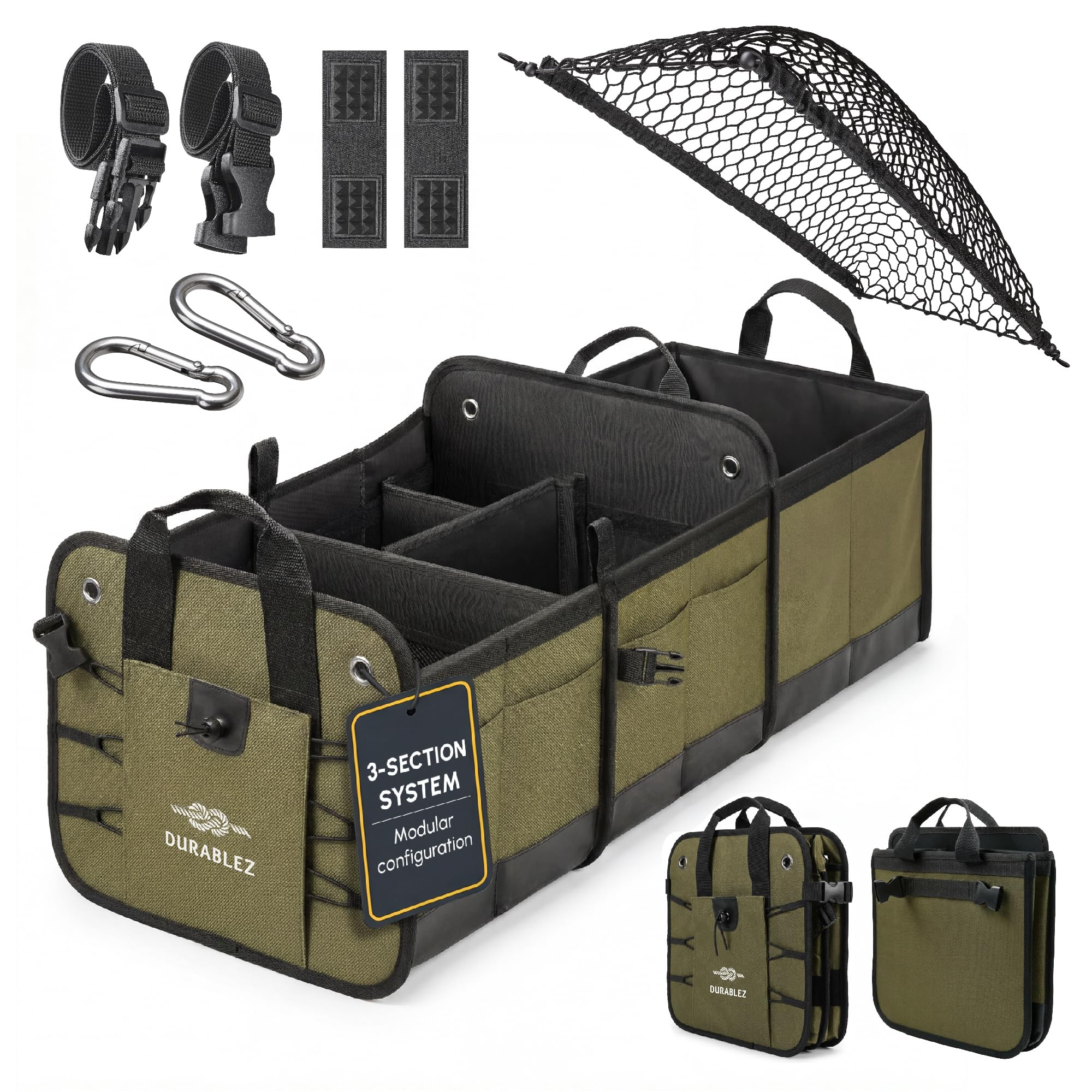 DURABLEZ Heavy Duty 3-Section Trunk Organizer – Extra Large Collapsible & Foldable Cargo Box, Modular Car Storage System for SUV, Truck, Van – Green