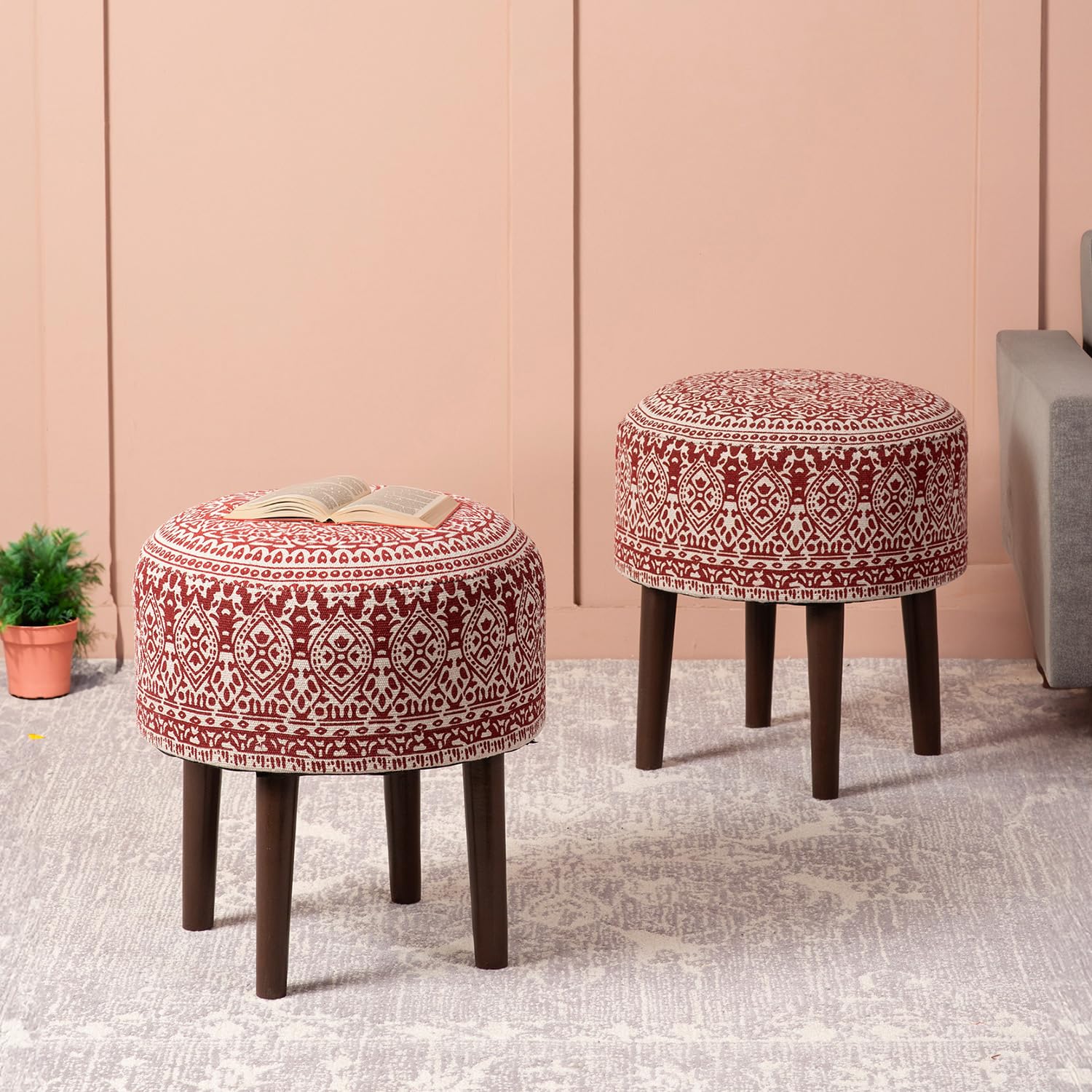 nestroots Ottoman Stool for Living Room Set of 2 | Pouffes for Sitting Ottoman | Foot Rest stools with 4 Wooden Legs (17 inch Height, Red) (B09168RBN7) Amazon Price History, Amazon Price Tracker