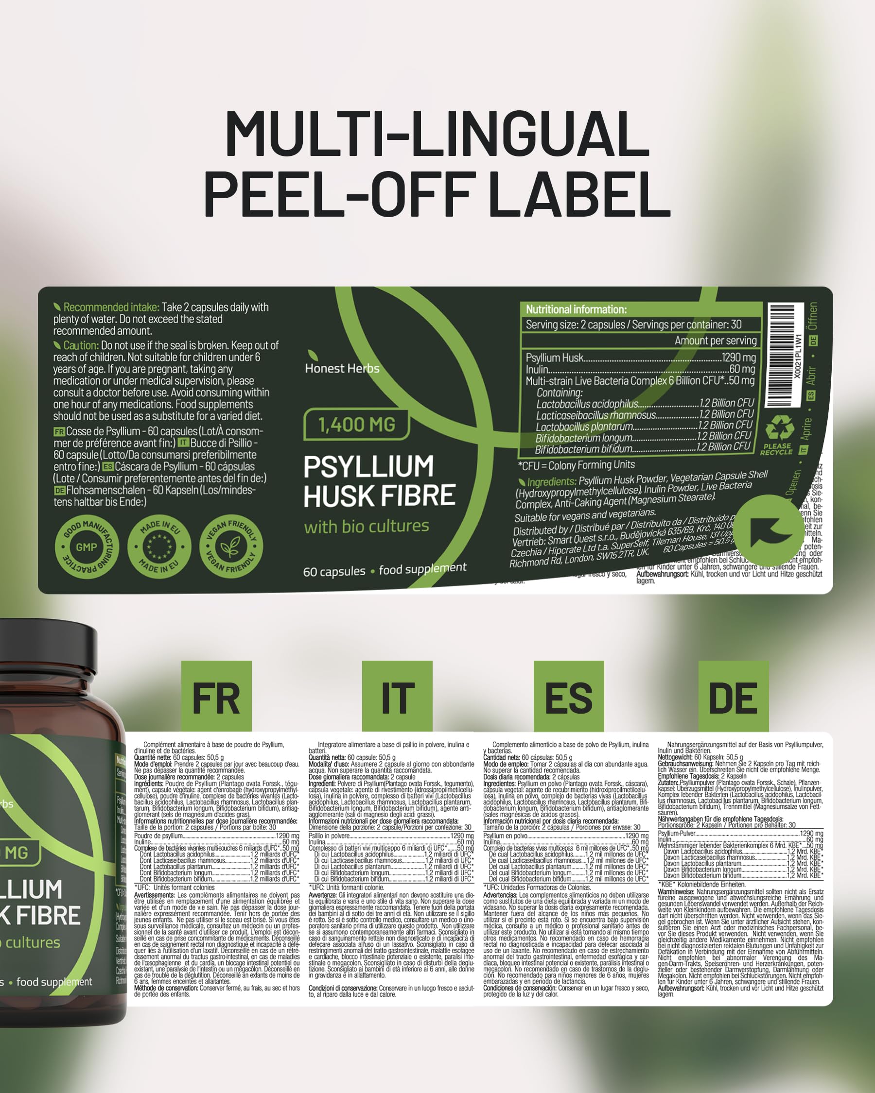 Cáscara de Psyllium con Probióticos 99% Pureza 60 Cápsulas 1400 mg Psyllium Husk 60 Mil Millones Probióticos Digestión Fibra Plantago Ovata
