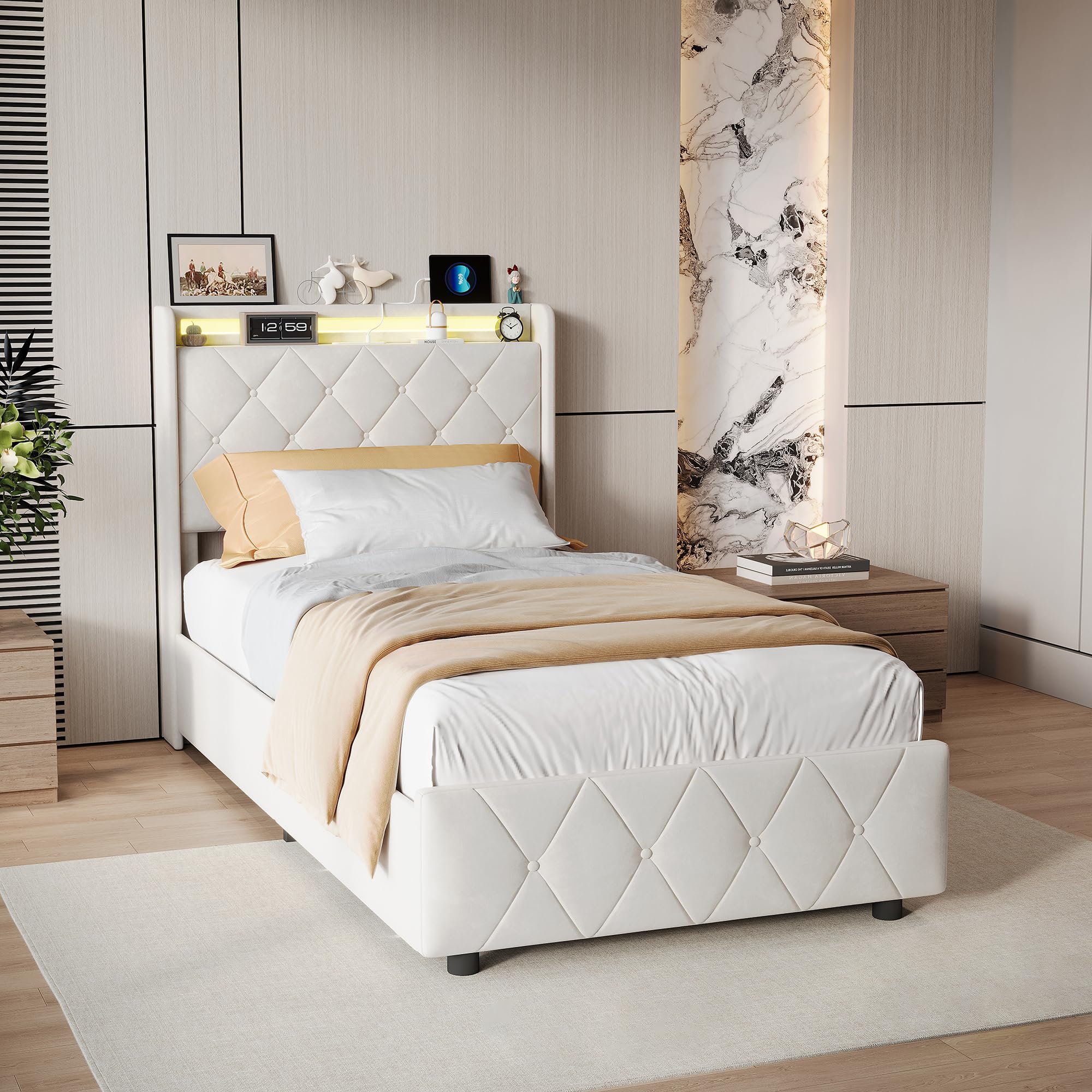 Letto Singolo 90x200 con Contenitore, Letto Imbottito con LED e Stazione di Ricarica, Struttura Letto con 2 Cassetti, Letto Funzionale con Rete e Testiera, senza Materasso, Velluto Beige