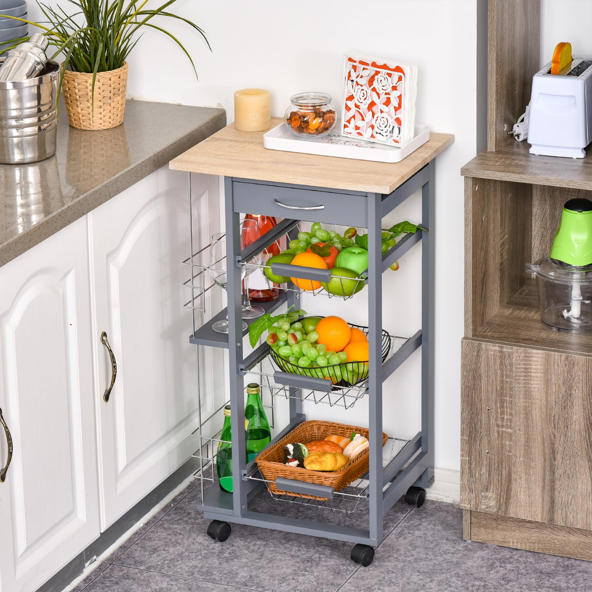 HOMCOM Carrito Auxiliar con Ruedas, 3 Cestas Metálicas, 47x37x83 cm, Gris | Carrito de Cocina, Cajón, 2 Especieros, Estructura de Madera de Pino, para Verduras y Frutas, para Comedor