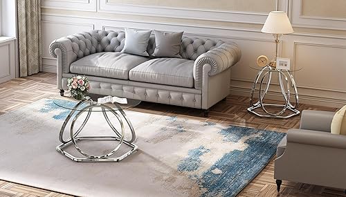 Miniatura 8 de O&K FURNITURE Mesa de centro de cristal, moderna mesa de centro plateada con base hexagonal, mesa de centro redonda para el hogar y la oficina,