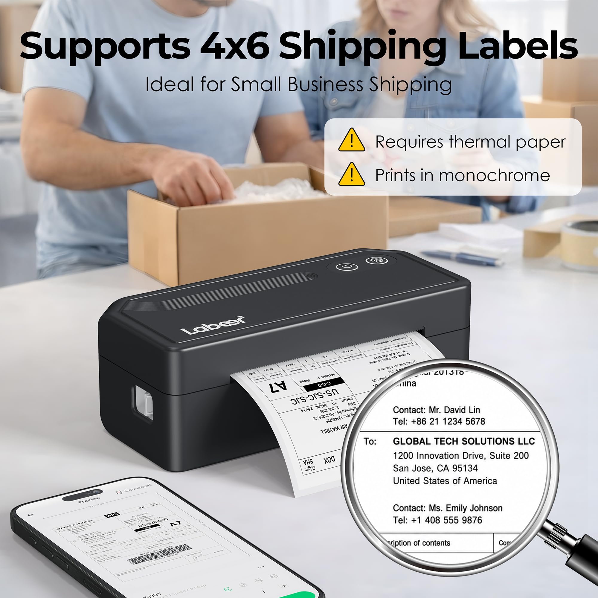 Labeer Bluetooth Thermal Etikettendrucker Versandpakete, 4x6 Wireless Etikettendrucker für kleine Unternehmen, Büro oder zu Hause, Kompatibel mit Windows/Mac/Android/iOS/Amazon/Ebay/Shopify/Etsy/USPS