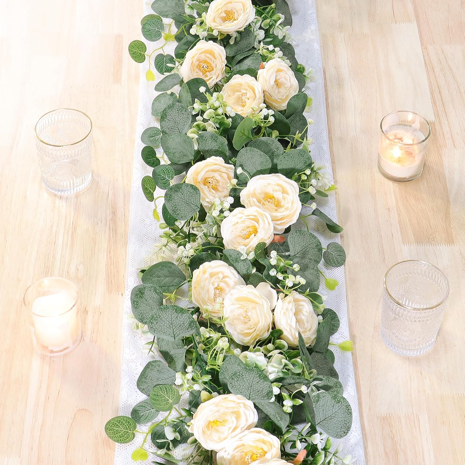 tochgreen 2 pack 12ft artificial eucalyptus flower garland with champagne roses, fake rose flower greenery garland floral vines for wedding home party table runner decor (2pcs, champagne) 2pcs champagne