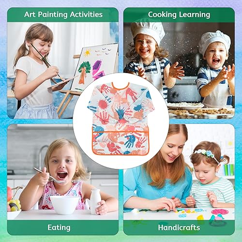 Miniatura 7 de BOUBONI Delantal de pintura artística para niños, manga larga con 3 bolsillos para actividades de pintura artística, cocina, manualidades