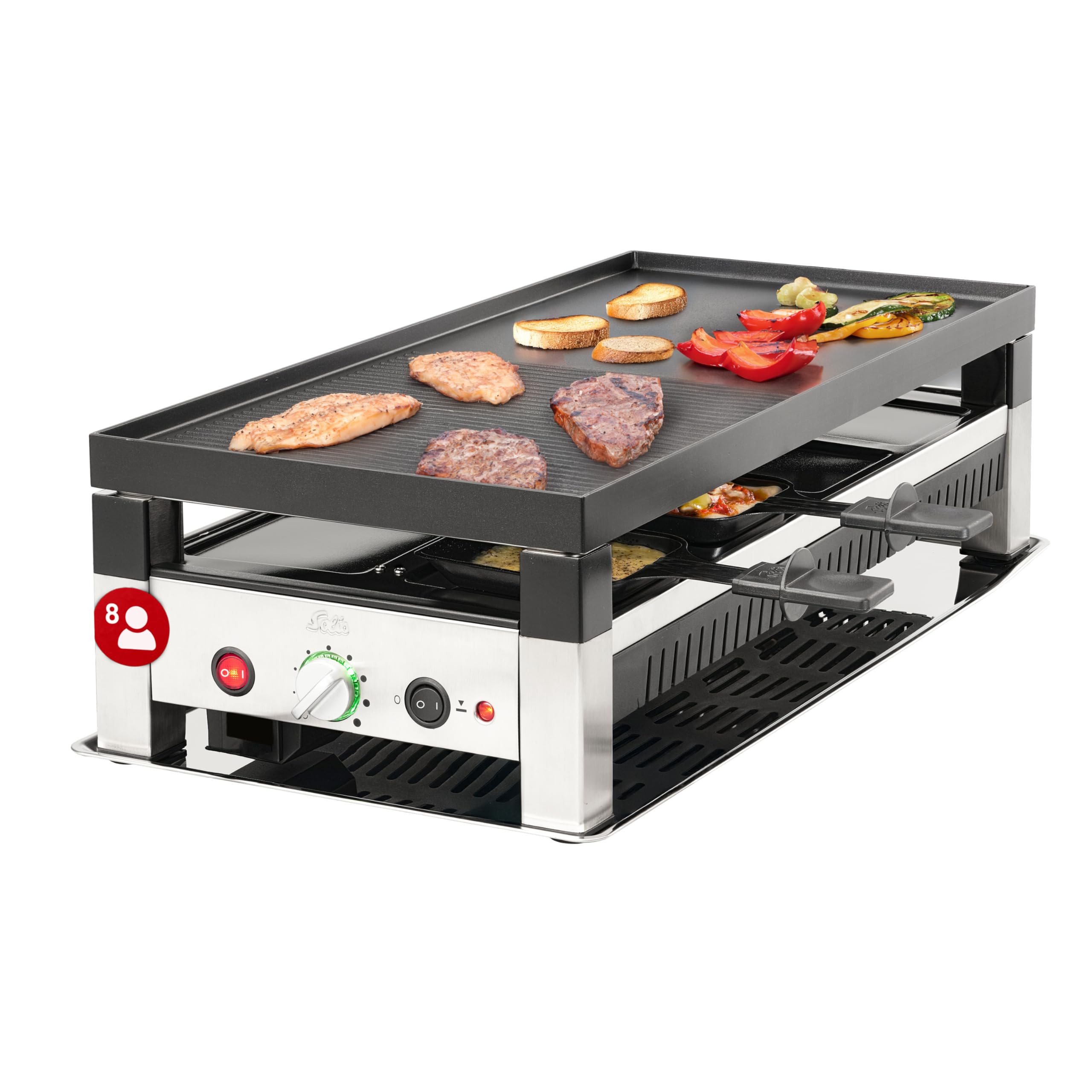 Solis Raclette Tischgrill 4-in-1 mit Grillplatte & Crêpe-Funktion | 1200W Ober- & Unterhitze, Antihaft, 8 Pfännchen, Mini-Pizza, für Familie & Freunde