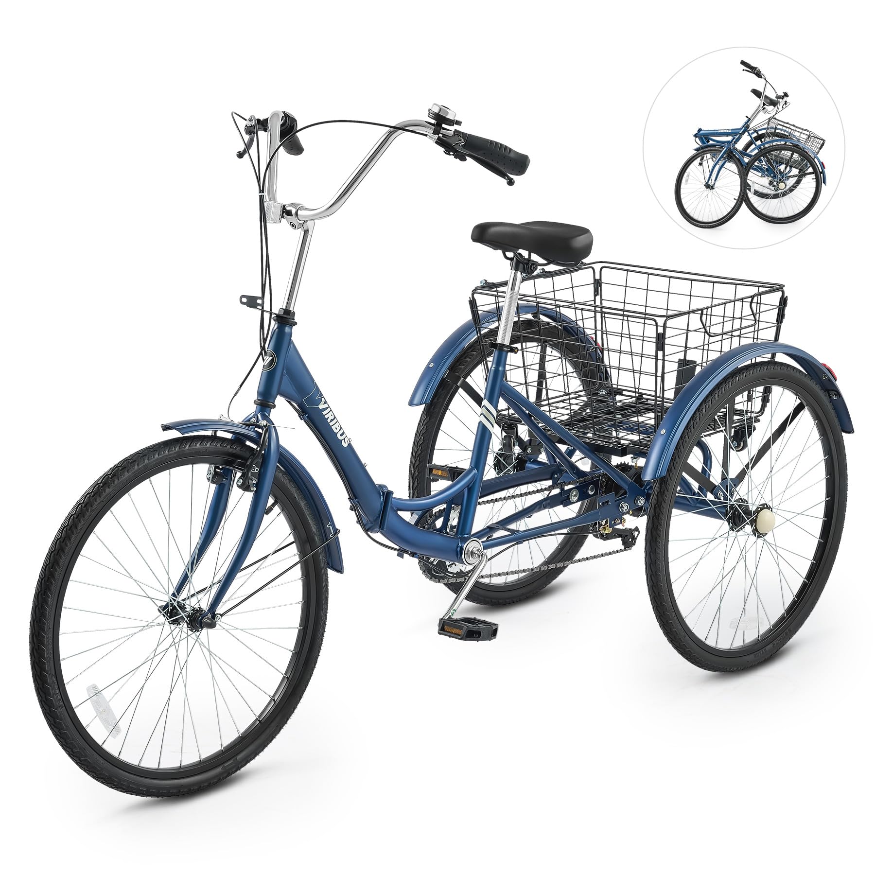 Viribus Folding Adult Tricycle, 7 Speed Foldable Tricycle for Adults with Detachable Wheeled Basket, 3 Wheel Folding Bikes for Men Women Seniors, Collapsible Adult Tricycle 24 in Blue 330 lb.