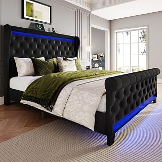 Belffin King Size Bed Frame 50" Tall Upholstered Headboard | Velvet Platform Bed with LED Lights & 2 USB Port/1 Type C Port, Button Tufted, No Box Spring Needed, Noise Free, Black