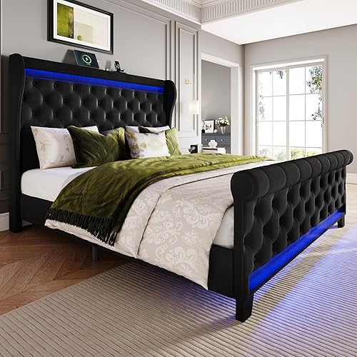 Belffin King Size Bed Frame with Headboard,50" Tall Headboard Upholstered Velvet Platform Bed with LED Lights & 2 USB Port/1 Type C Port, Button Tufted, No Box Spring Needed,Noise Free,Black